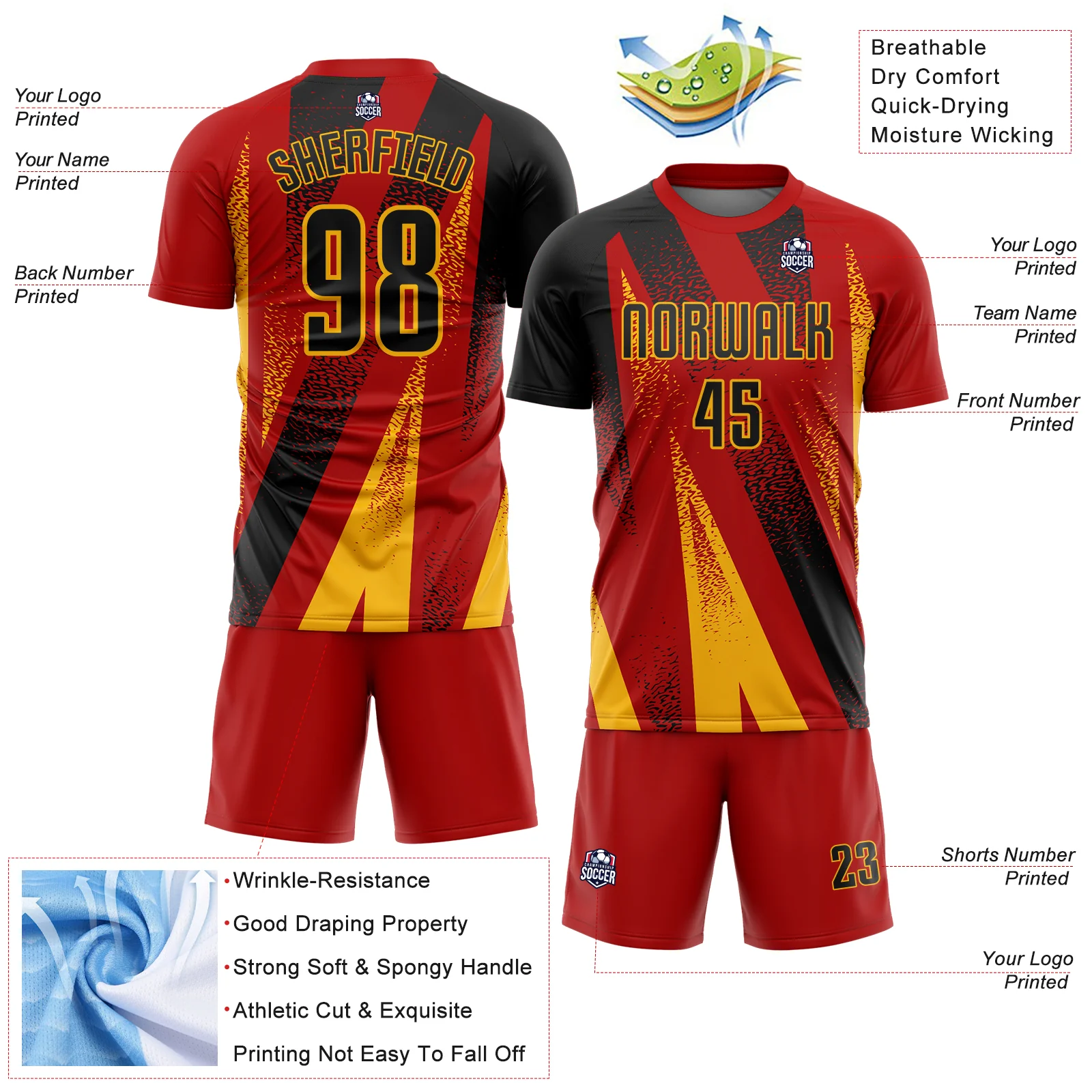 Custom Red Black-Gold Radial Burst Sports Sublimation Soccer Uniform Jersey - Image 4