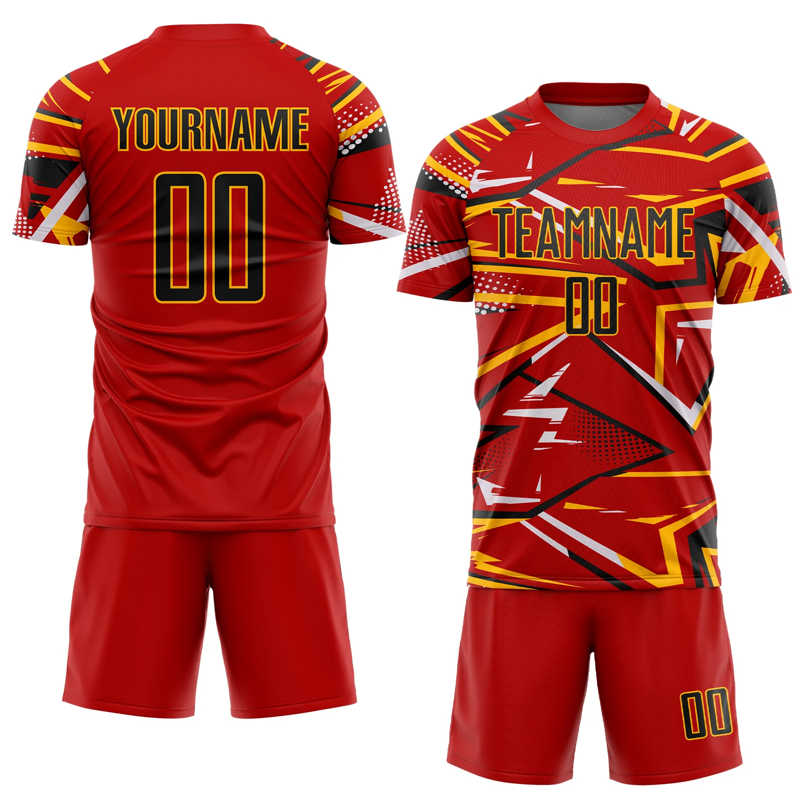 Custom Red Black Gold-White Abstract Geometric Stripes Sports Sublimation Soccer Uniform Jersey - Image 2