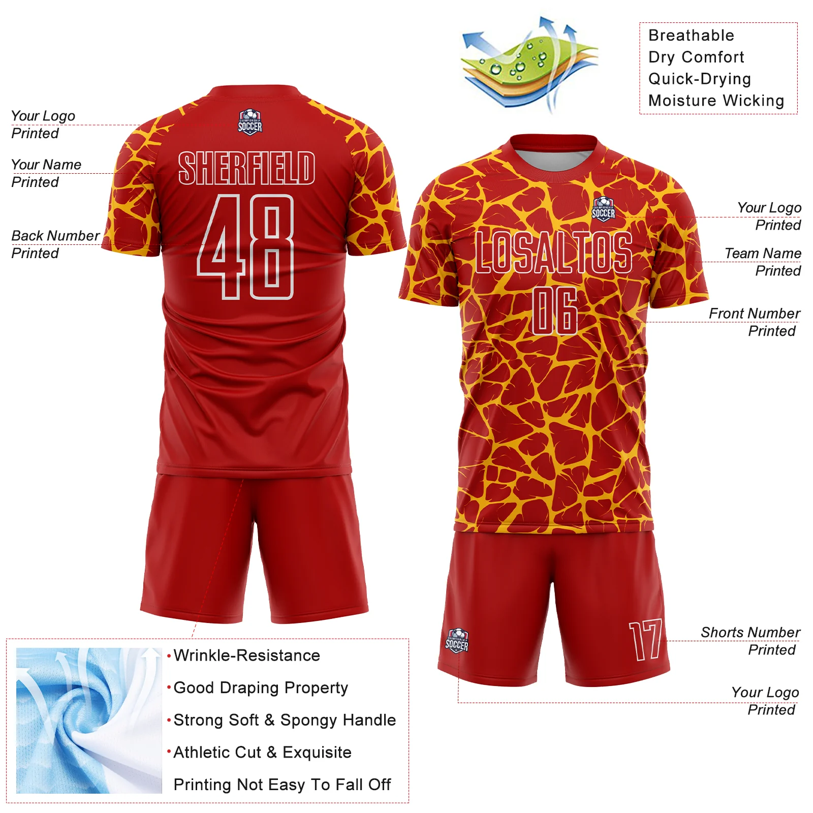 Custom Red Gold-White Abstract Network Splash Sublimation Soccer Uniform Jersey - Image 4