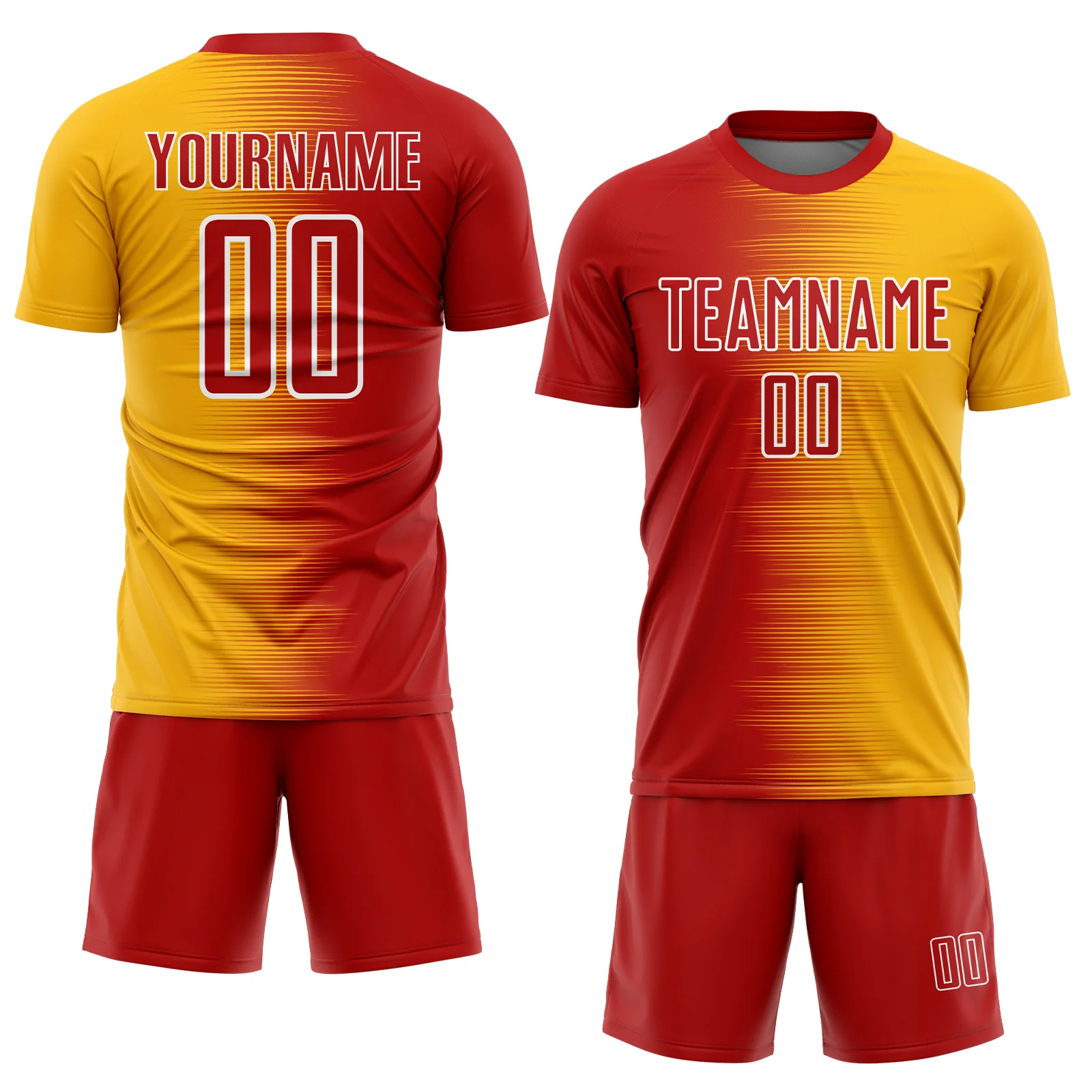 Custom Red Gold-White Gradient Line Sublimation Soccer Uniform Jersey - Image 2