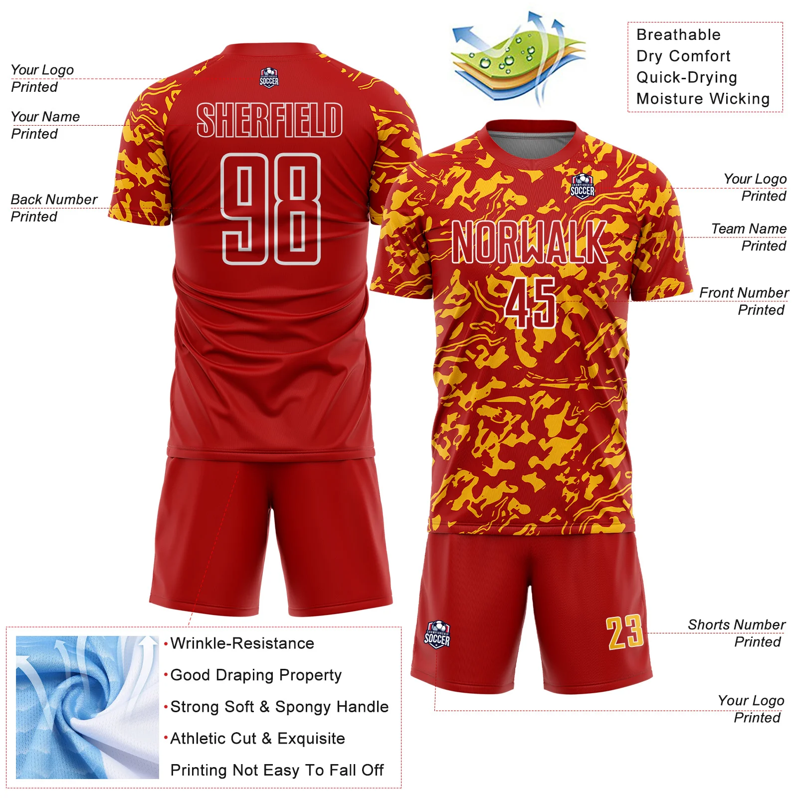 Custom Red Gold-White Liquid Fluid Pattern Sports Sublimation Soccer Uniform Jersey - Image 4