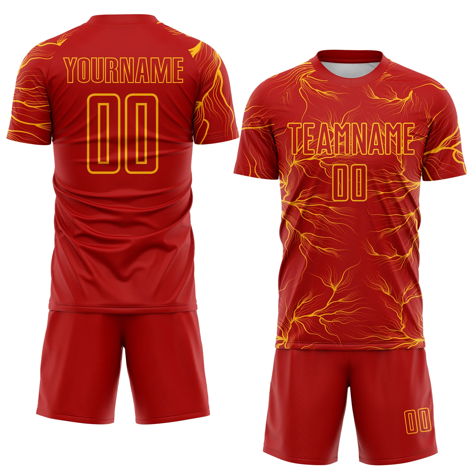 Custom Red Gold Lightning Electric Veins Sublimation Soccer Uniform Jersey - Image 2