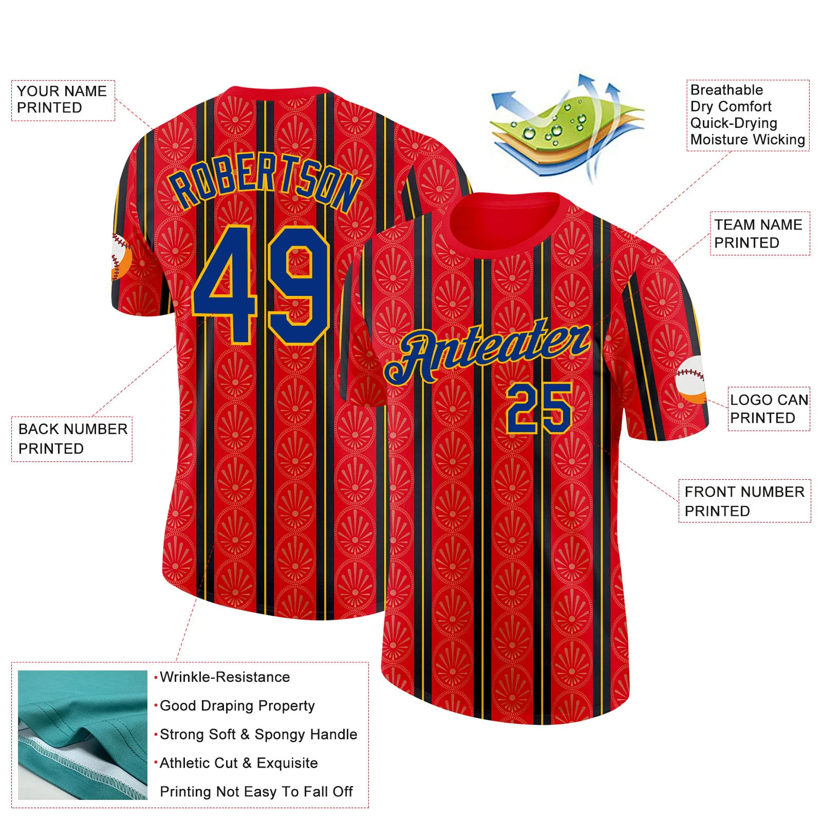 Custom Red Royal-Gold Spain Stripe Soccer Jersey Performance T-Shirt - Image 2