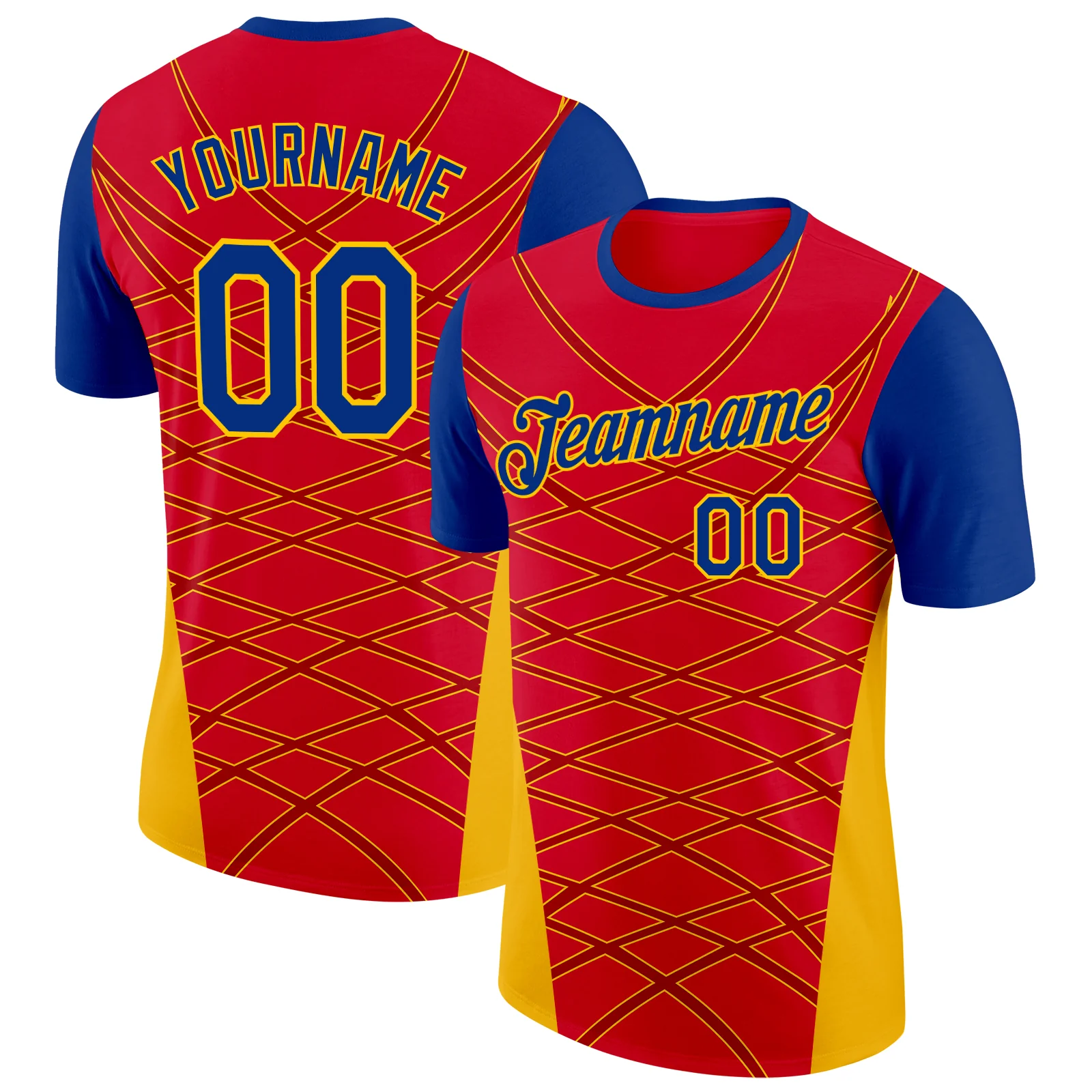Custom Red Royal-Gold Spain Geometric Net Soccer Jersey Performance T-Shirt