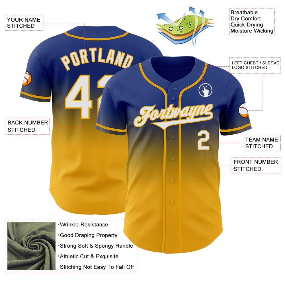 Custom Royal White-Gold Authentic Fade Fashion Baseball Jersey - Image 3