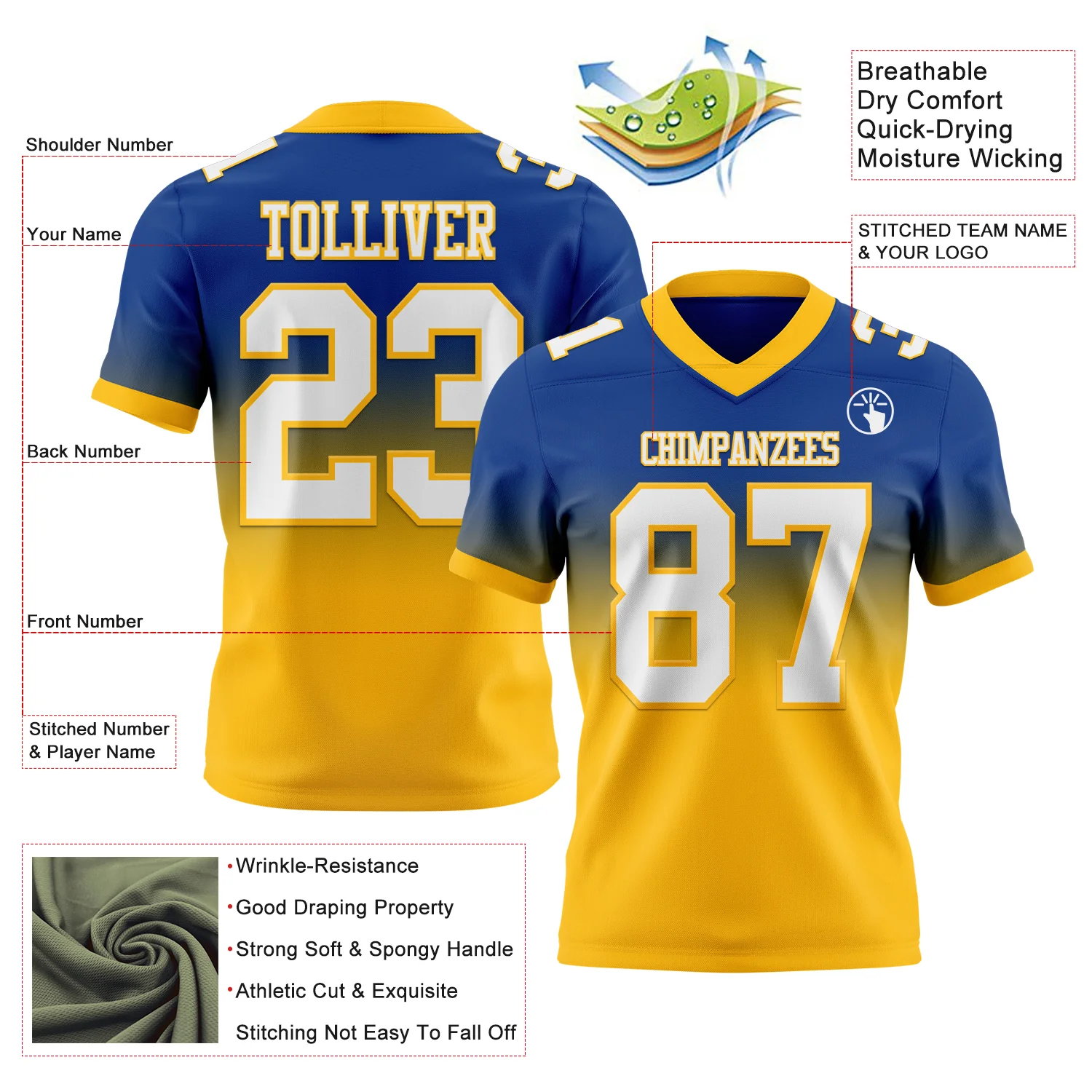 Custom Royal White-Gold Authentic Fade Fashion Football Jersey - Image 2
