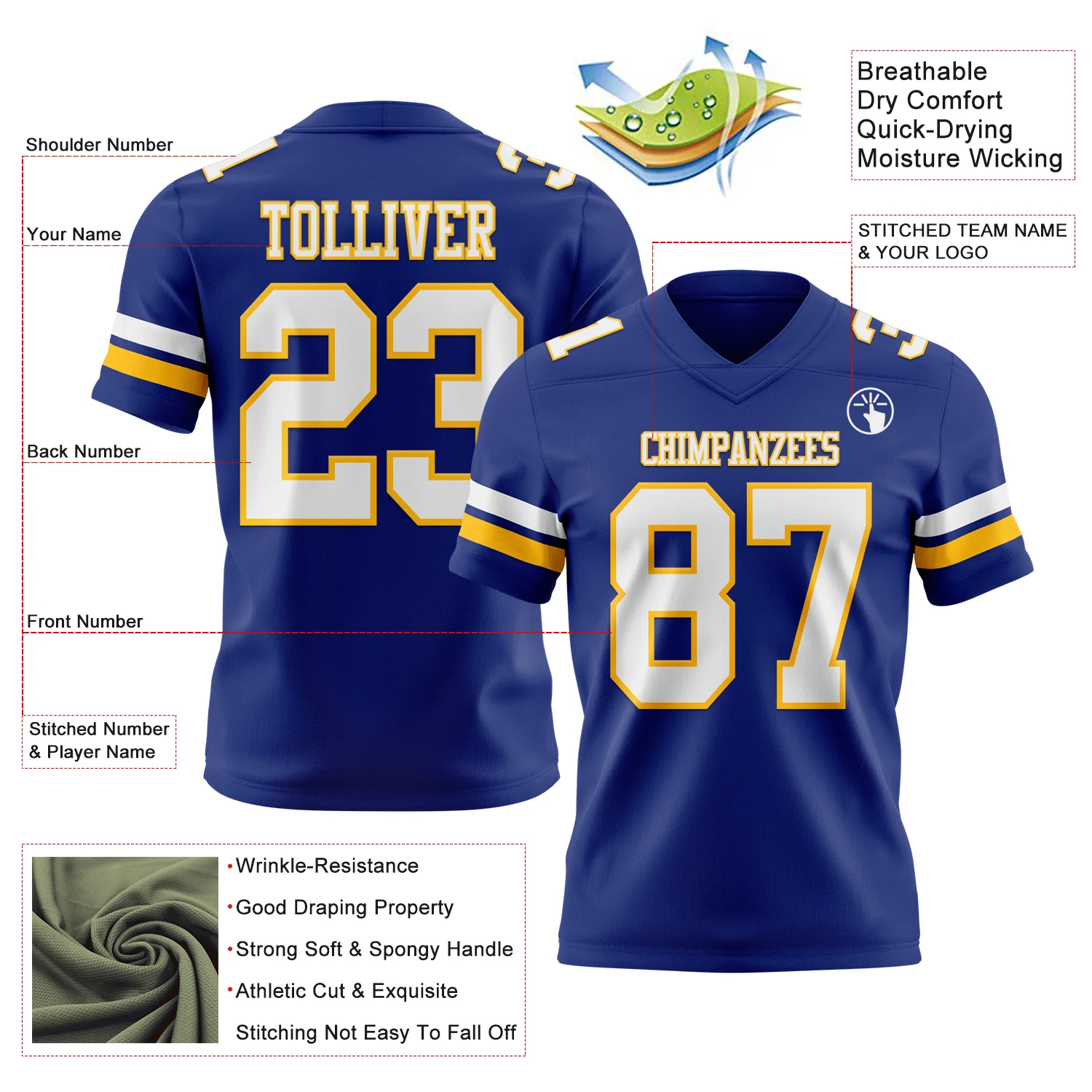 Custom Royal White-Gold Authentic Football Jersey - Image 3