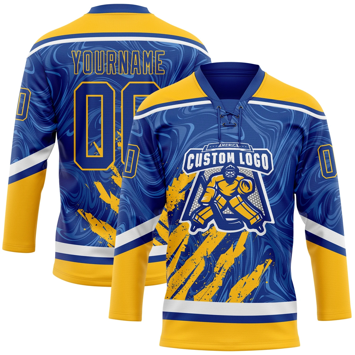 Custom Royal Gold-White 3D Splash Art Hockey Lace Neck Jersey - Image 2