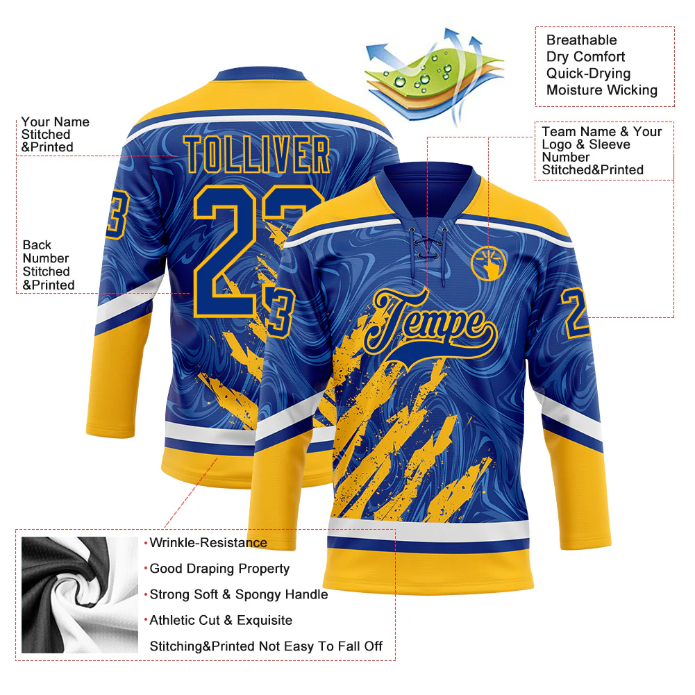 Custom Royal Gold-White 3D Splash Art Hockey Lace Neck Jersey - Image 5