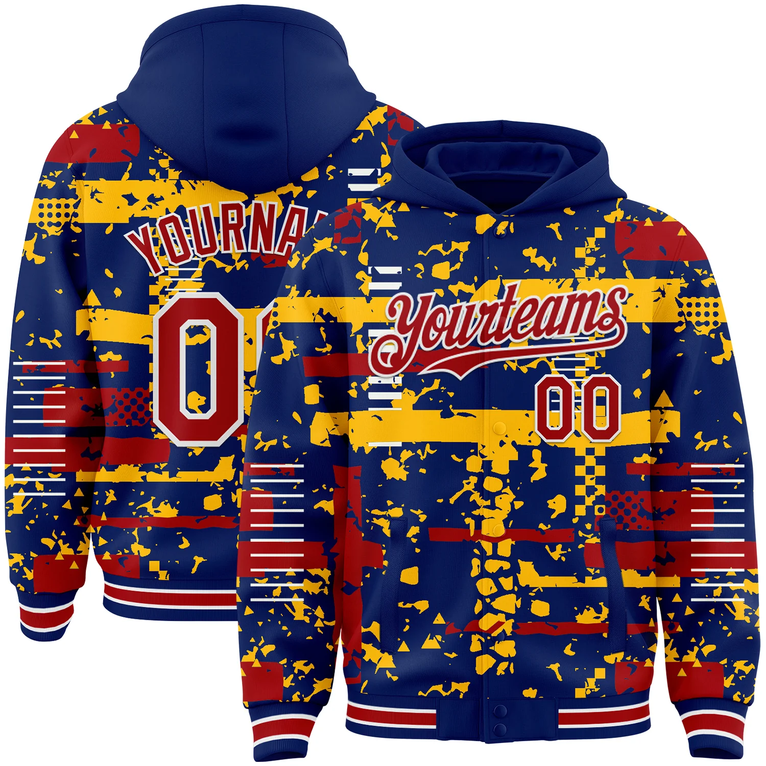 Custom Royal Red Gold-White Abstract Fragment Shape Bomber Full-Snap Varsity Letterman Hoodie Jacket