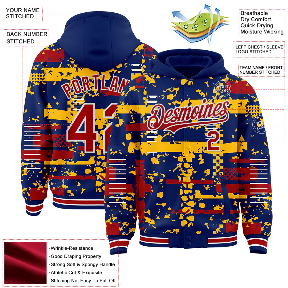 Custom Royal Red Gold-White Abstract Fragment Shape Bomber Full-Snap Varsity Letterman Hoodie Jacket - Image 4