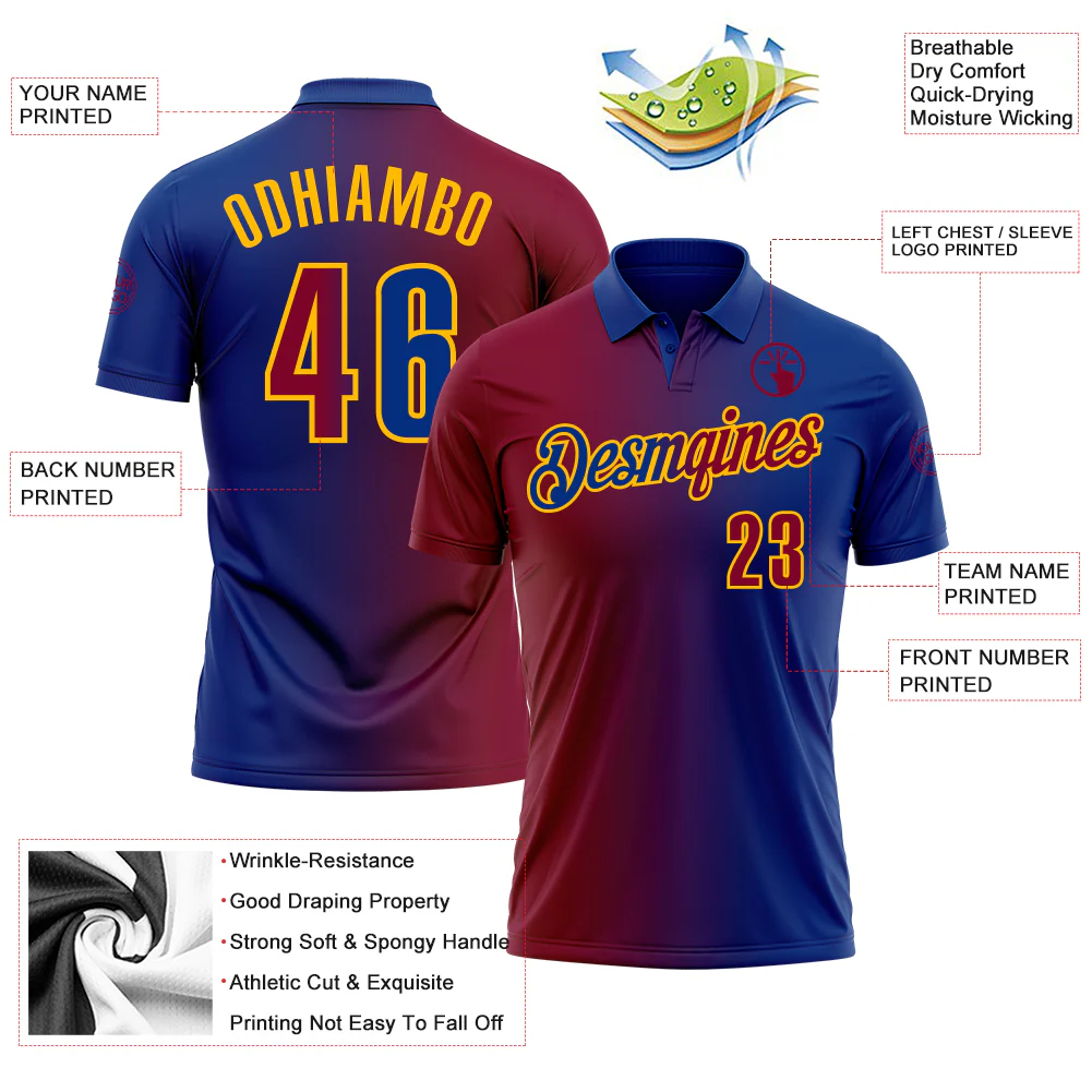 Custom Royal Maroon-Gold 3D Gradient Fashion Performance Polo Shirt - Image 3