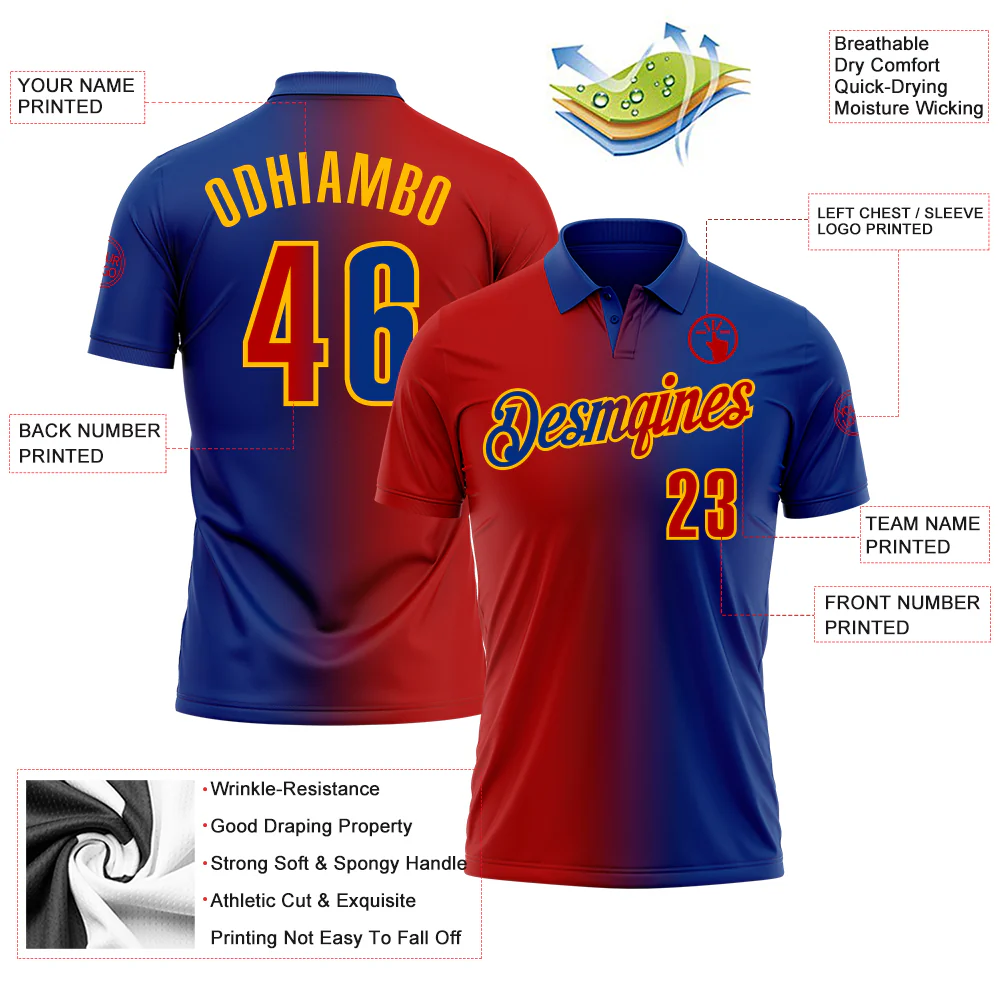 Custom Royal Red-Gold 3D Gradient Fashion Performance Polo Shirt - Image 3
