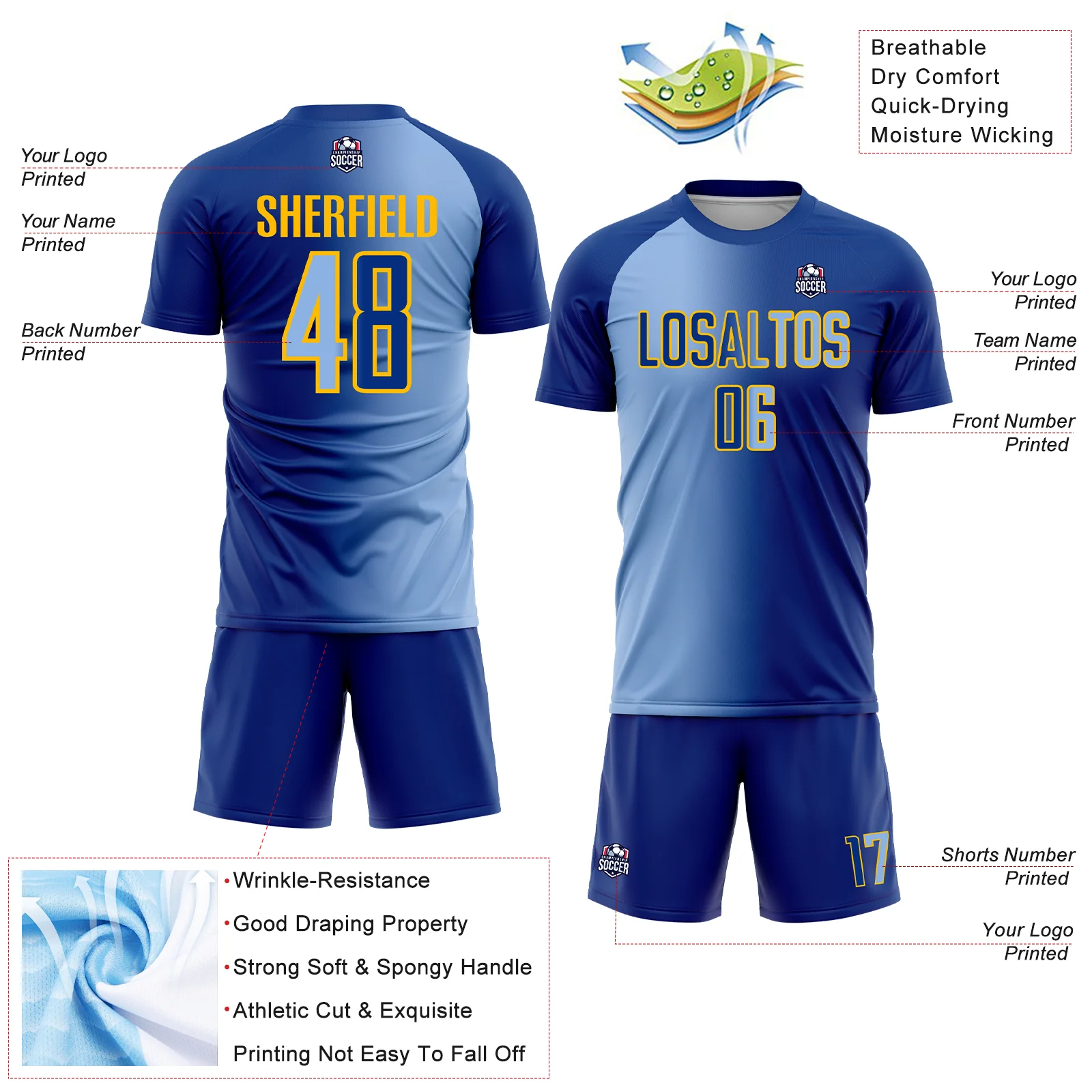 Custom Royal Light Blue-Gold Sublimation Gradient Fashion Soccer Uniform Jersey - Image 4