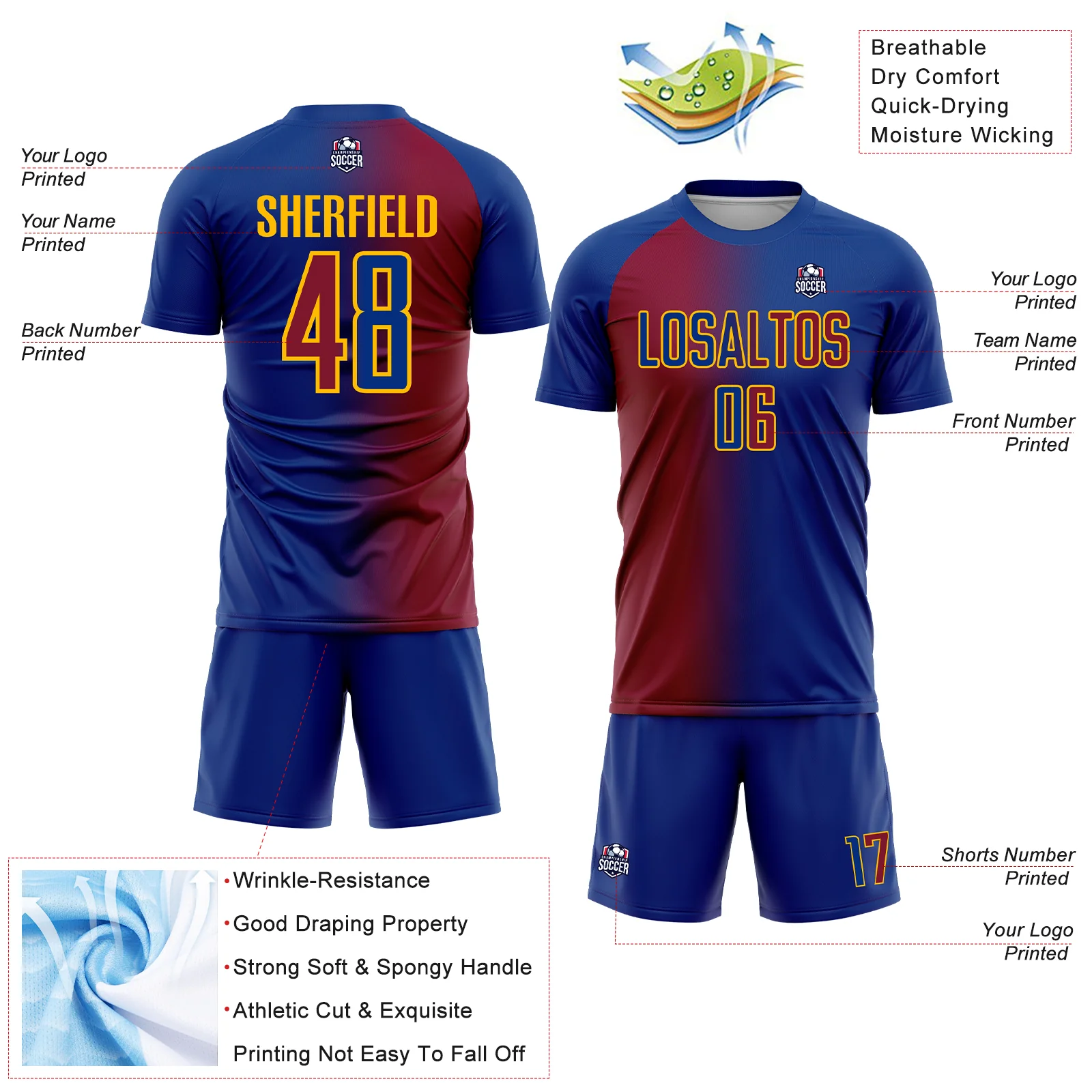 Custom Royal Maroon-Gold Sublimation Gradient Fashion Soccer Uniform Jersey - Image 4