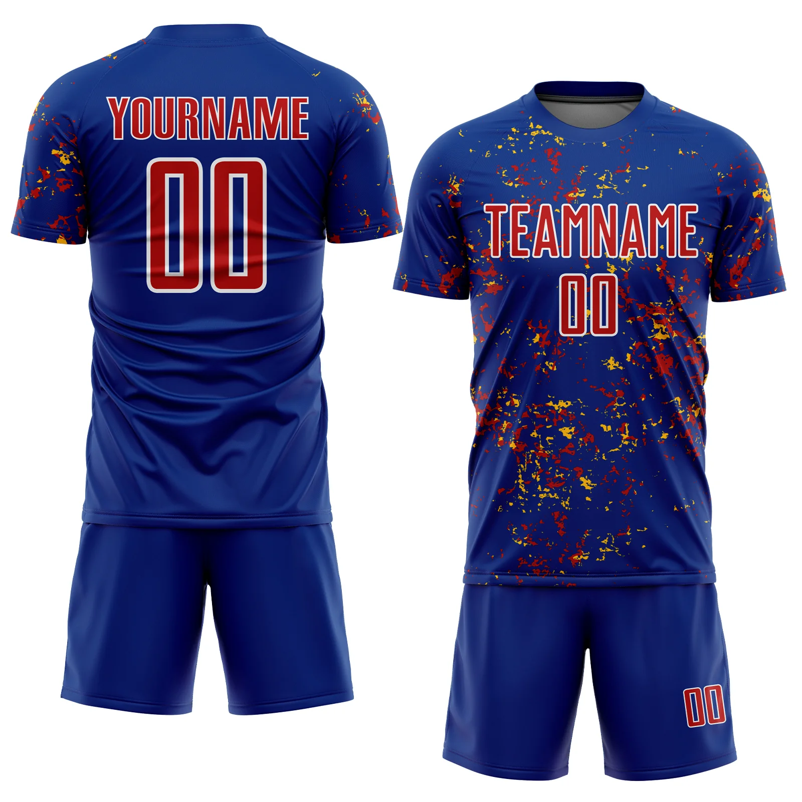 Custom Royal Red-Gold Abstract Fragment Art Sublimation Soccer Uniform Jersey - Image 2