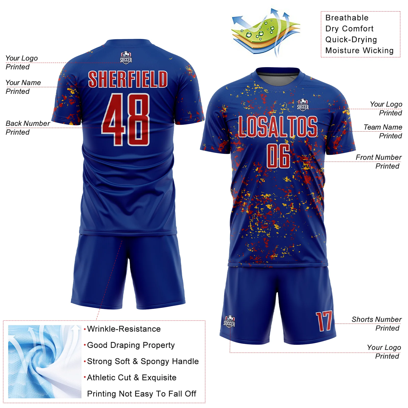 Custom Royal Red-Gold Abstract Fragment Art Sublimation Soccer Uniform Jersey - Image 4