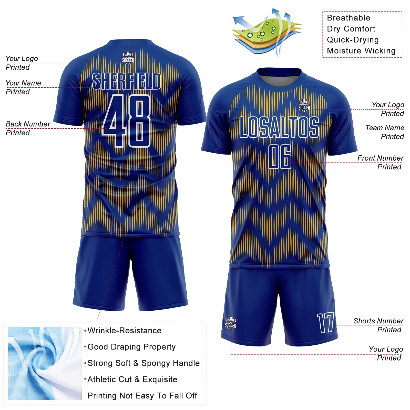Custom Royal Gold-White Line Sublimation Soccer Uniform Jersey - Image 4