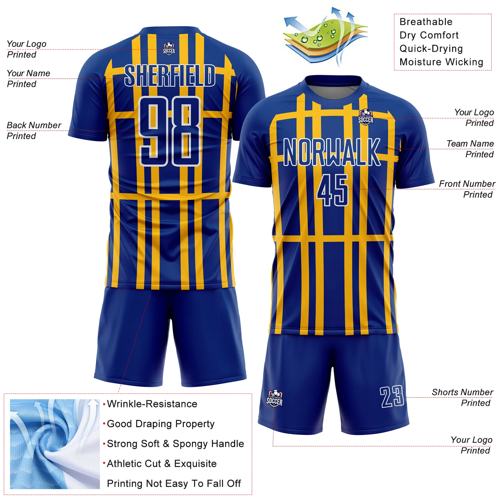Custom Royal Gold-White Stripe Line Sublimation Soccer Uniform Jersey - Image 4