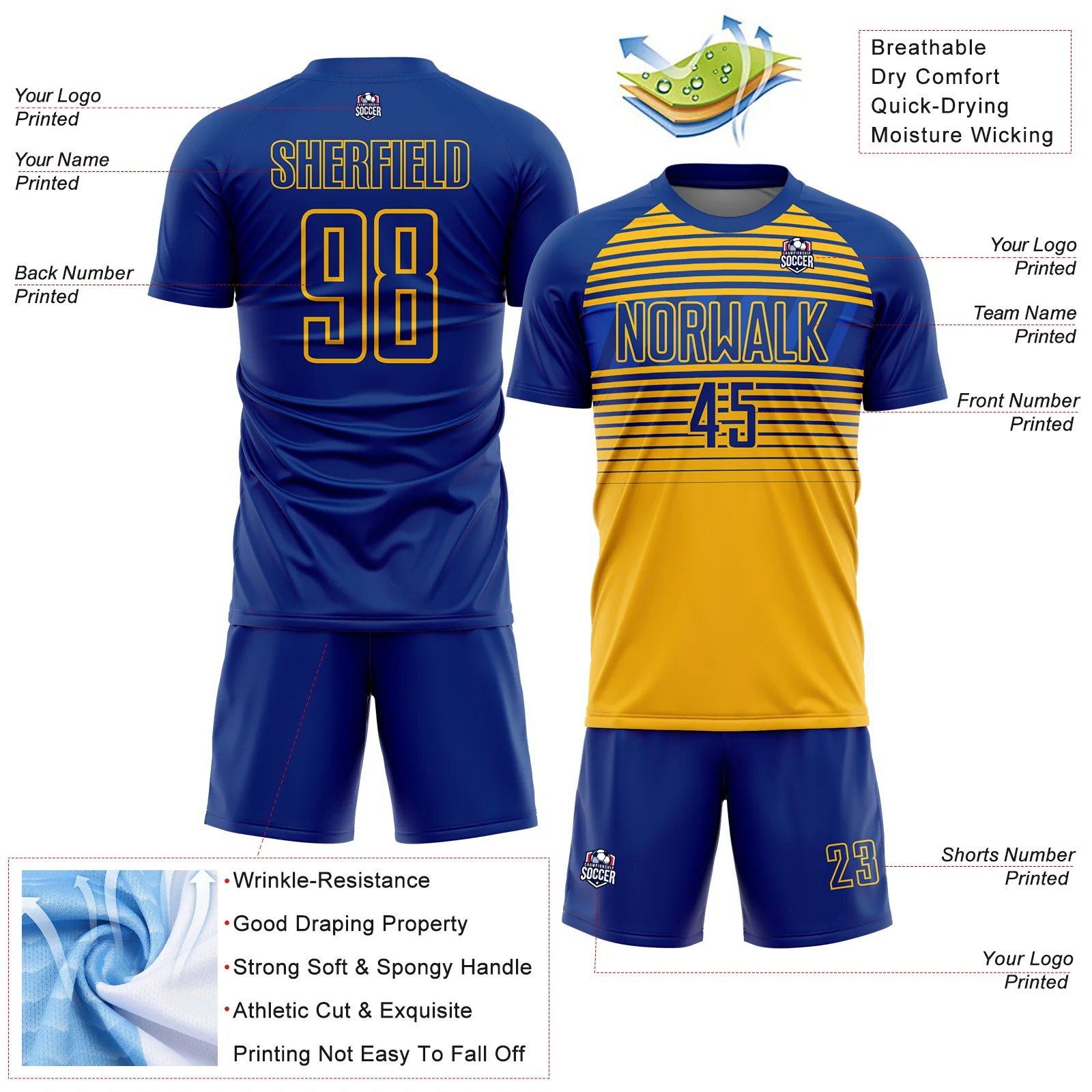 Custom Royal Gold-Thunder Blue Gradient Horizontal Stripes Sublimation Soccer Uniform Jersey - Image 4
