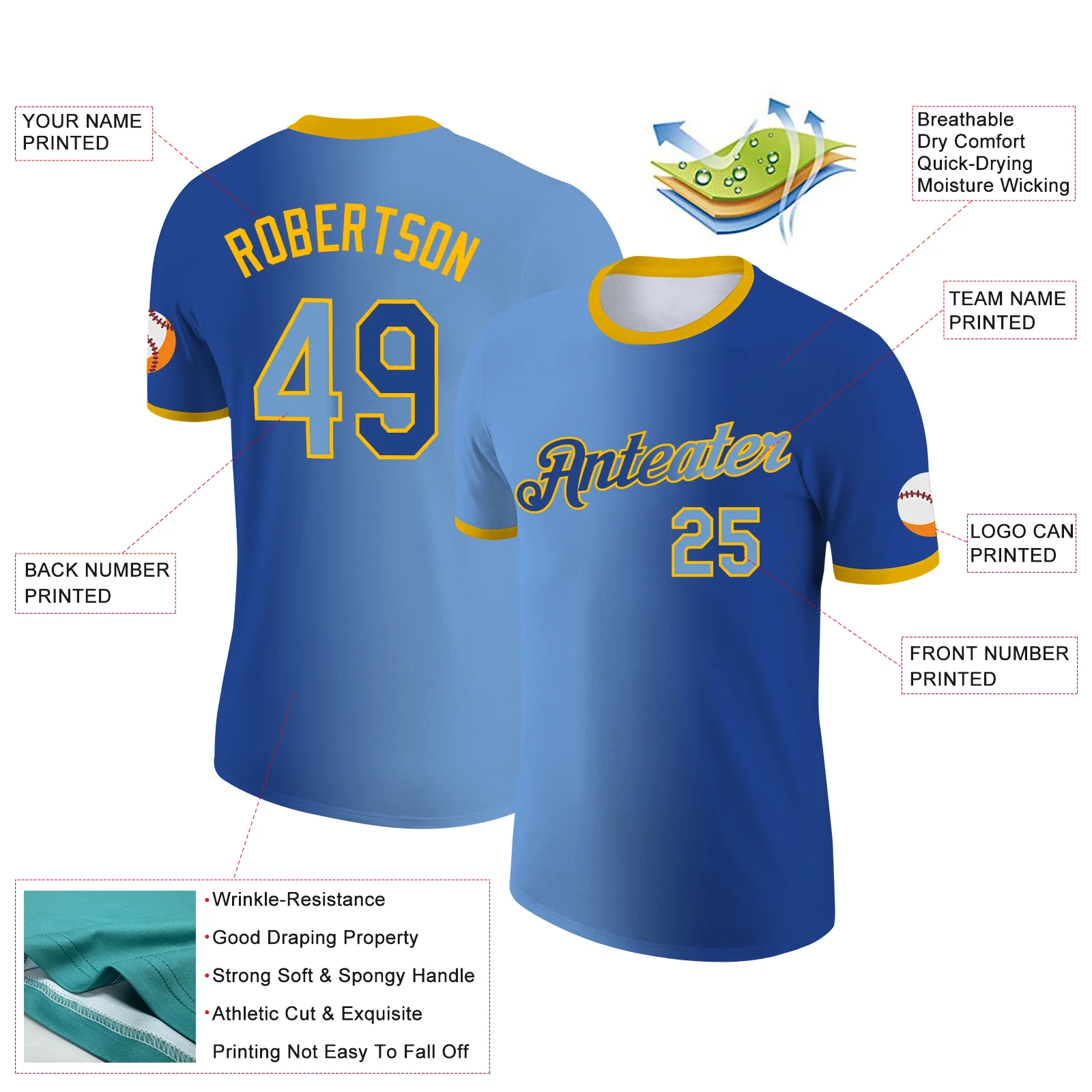 Custom Royal Light Blue-Gold Gradient Fashion Performance T-Shirt - Image 2