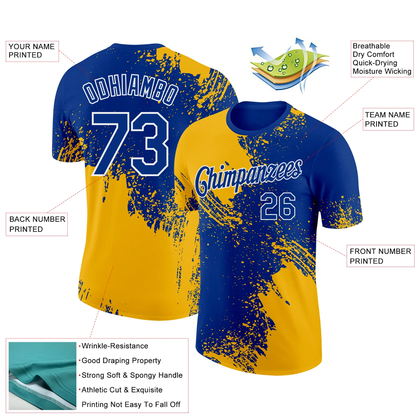 Custom Royal Gold-White 3D Pattern Design Abstract Brush Stroke Performance T-Shirt - Image 2