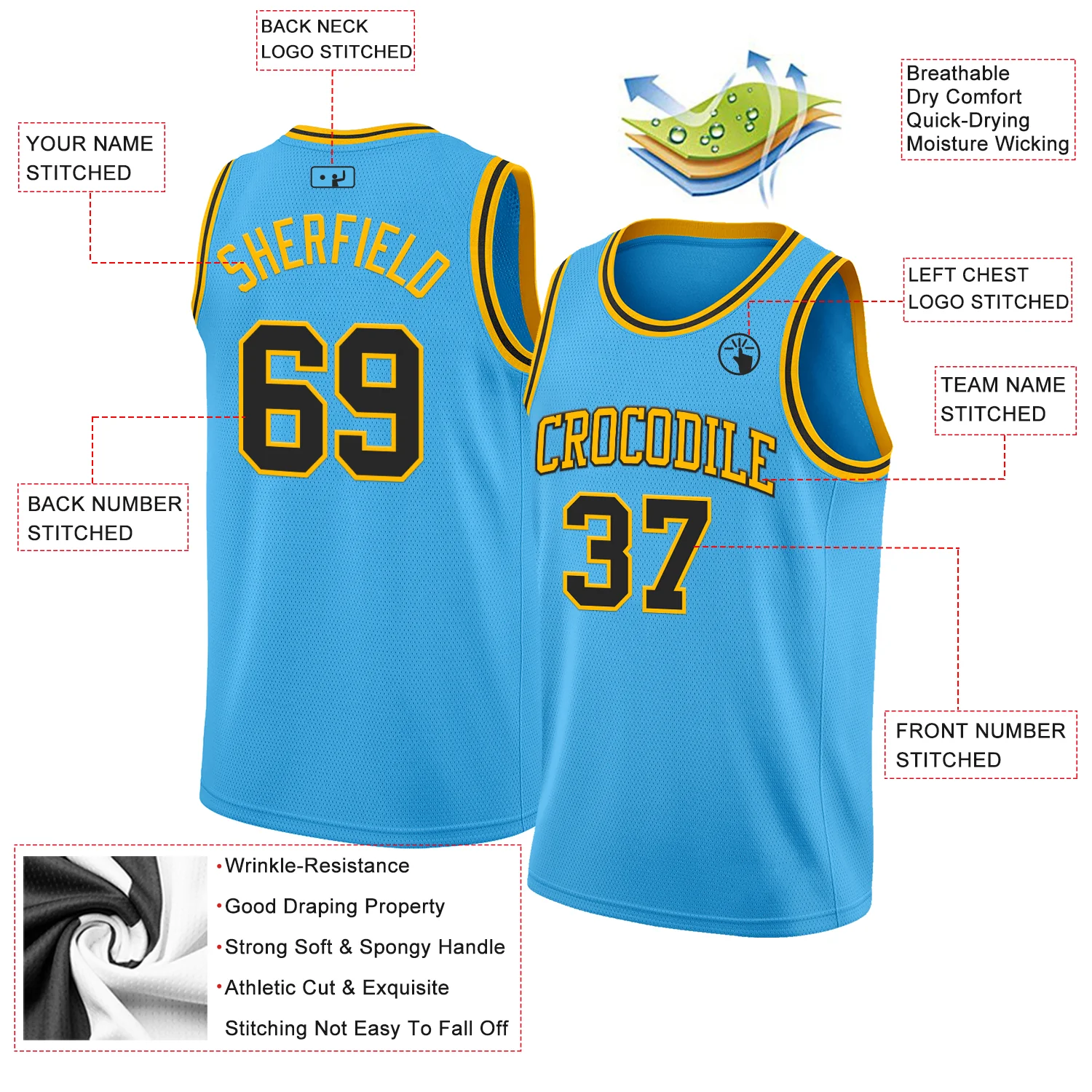 Custom Sky Blue Balck-Gold Authentic Basketball Jersey - Image 2