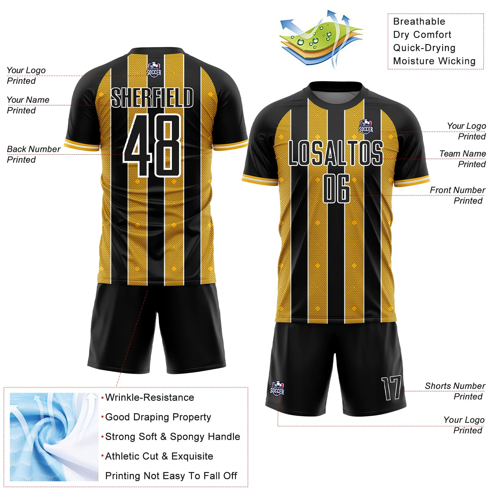 Custom Black Gold-White Pinstripe Line Sports Sublimation Soccer Uniform Jersey - Image 4