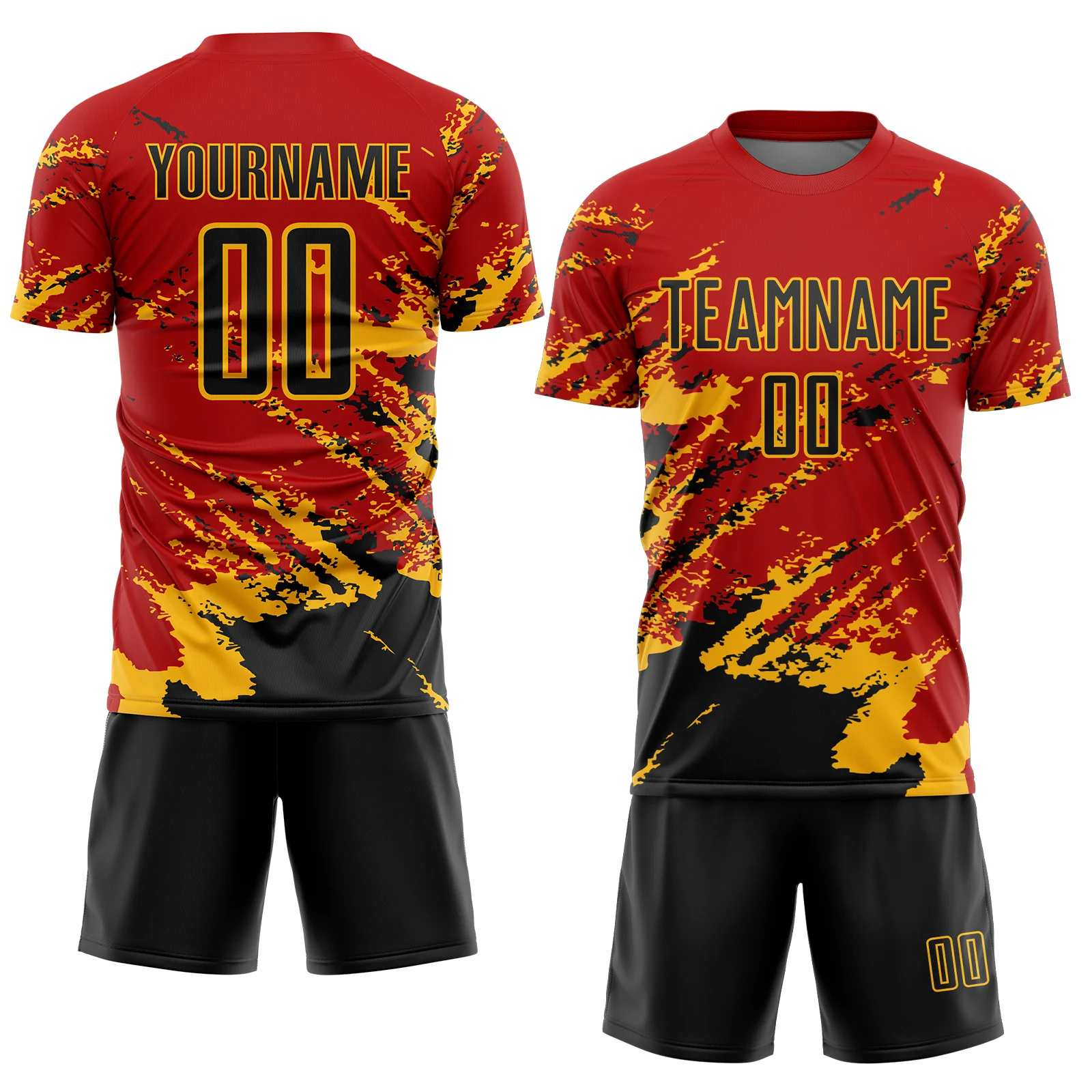 Custom Red Black-Gold Abstract Fragment Art Splash Sports Sublimation Soccer Uniform Jersey - Image 2