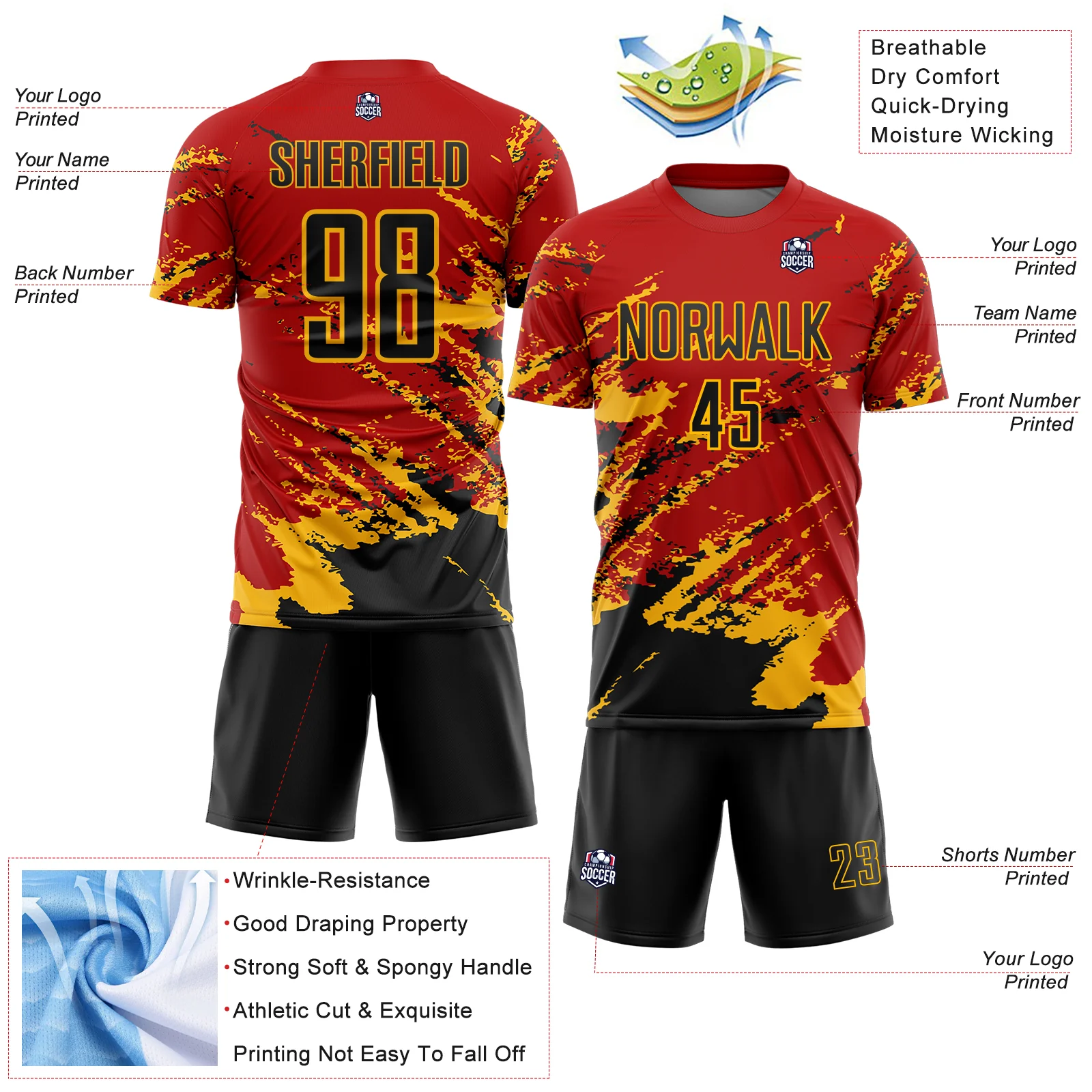 Custom Red Black-Gold Abstract Fragment Art Splash Sports Sublimation Soccer Uniform Jersey - Image 4