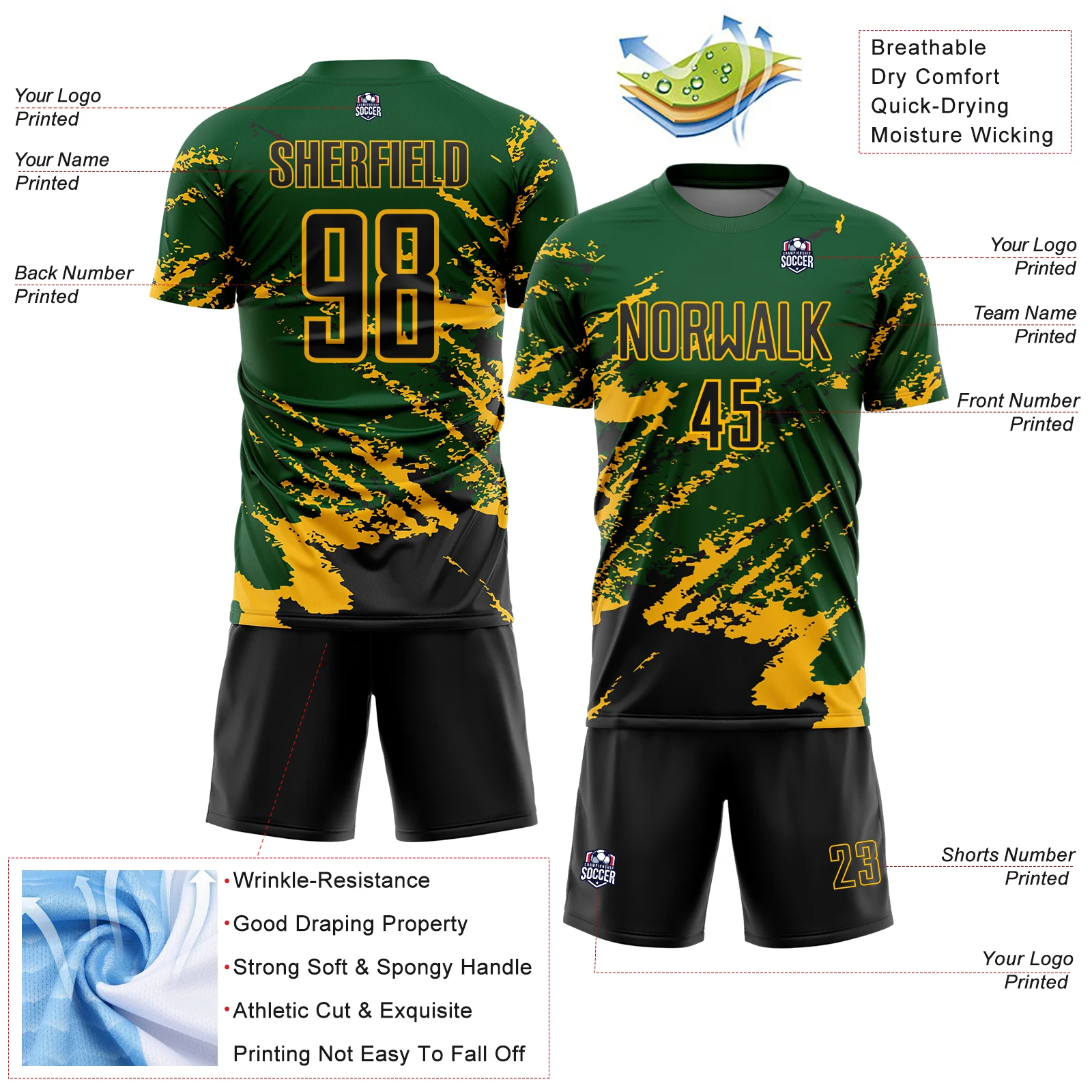 Custom Green Black-Gold Abstract Fragment Art Splash Sports Sublimation Soccer Uniform Jersey - Image 4