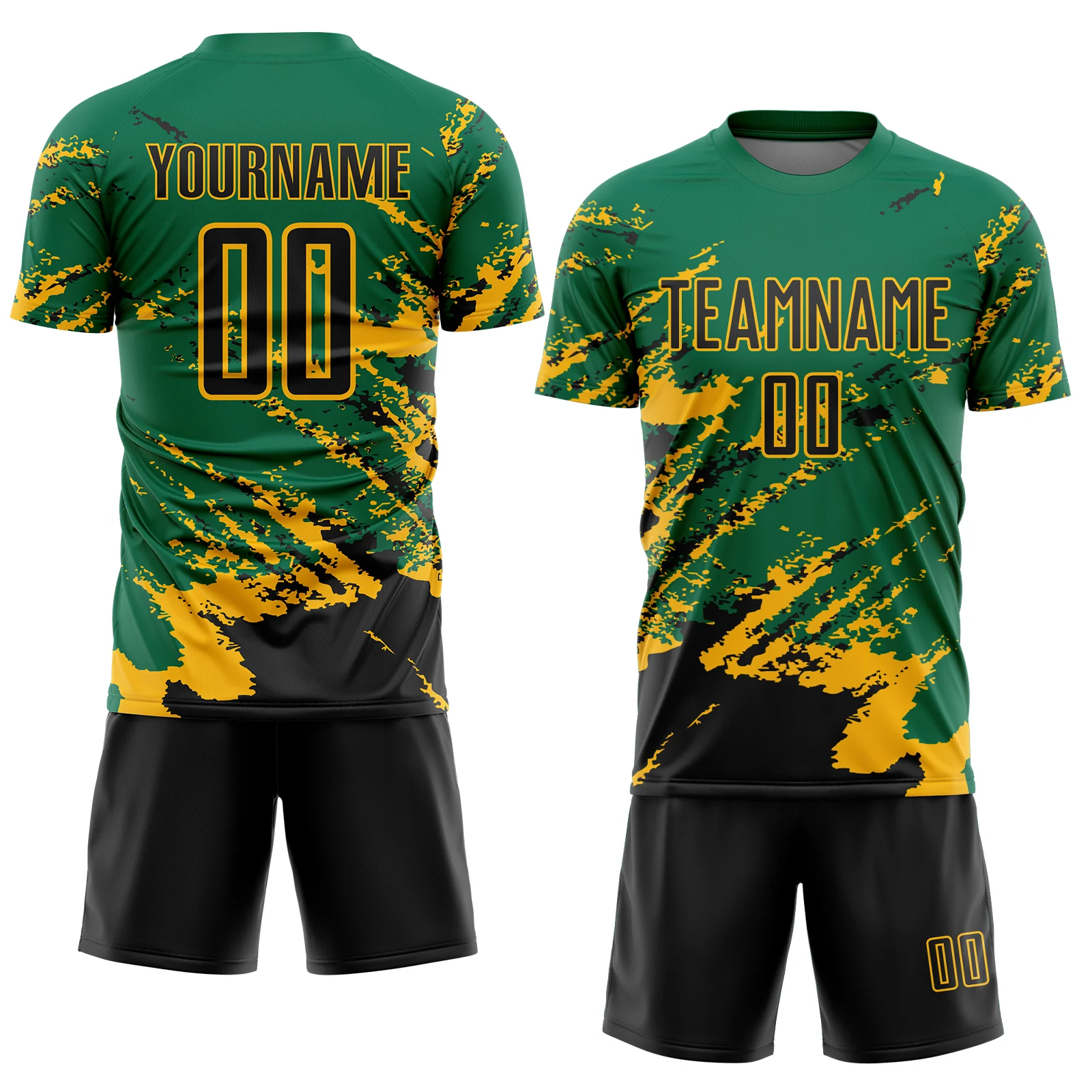 Custom Kelly Green Black-Gold Abstract Fragment Art Splash Sports Sublimation Soccer Uniform Jersey - Image 2