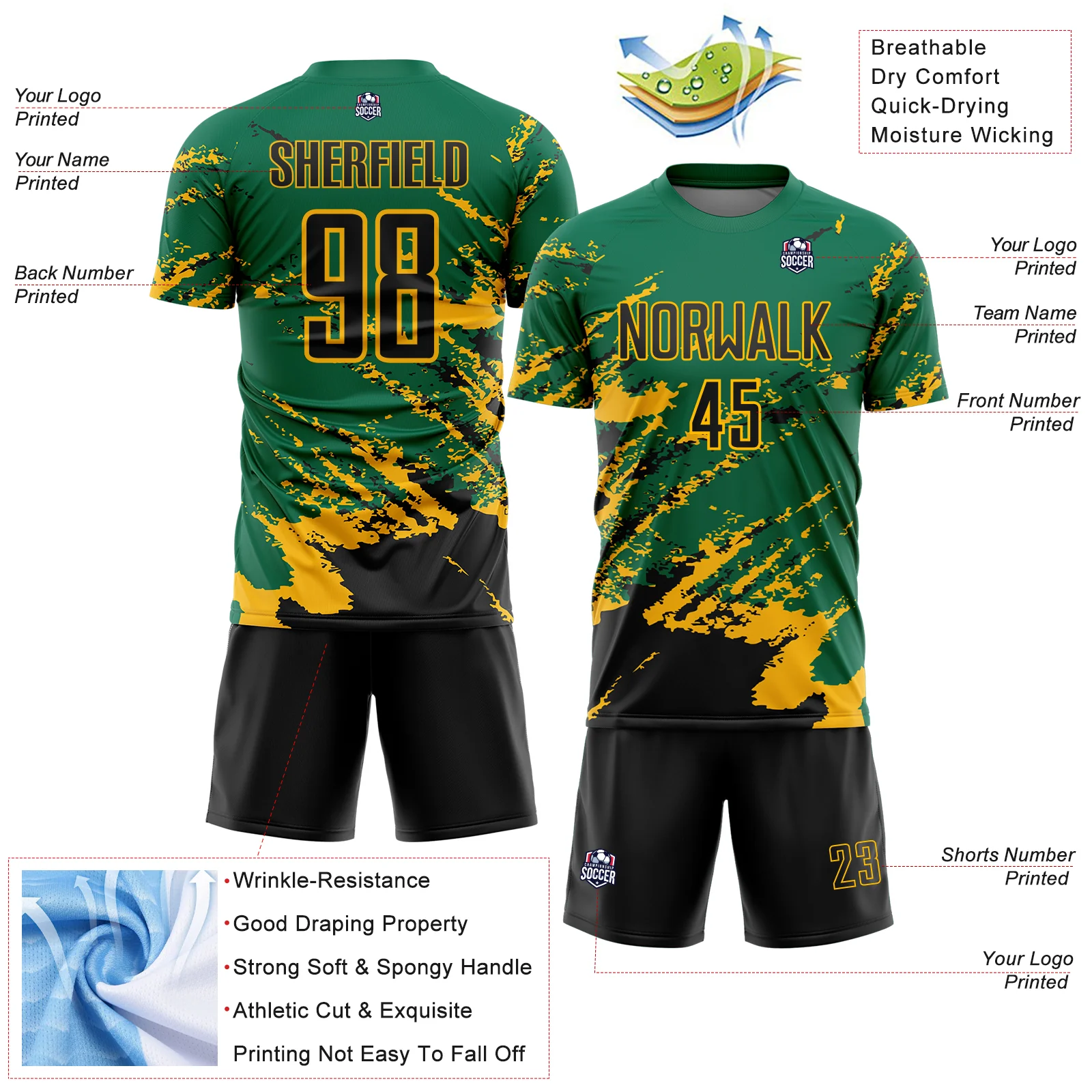 Custom Kelly Green Black-Gold Abstract Fragment Art Splash Sports Sublimation Soccer Uniform Jersey - Image 4