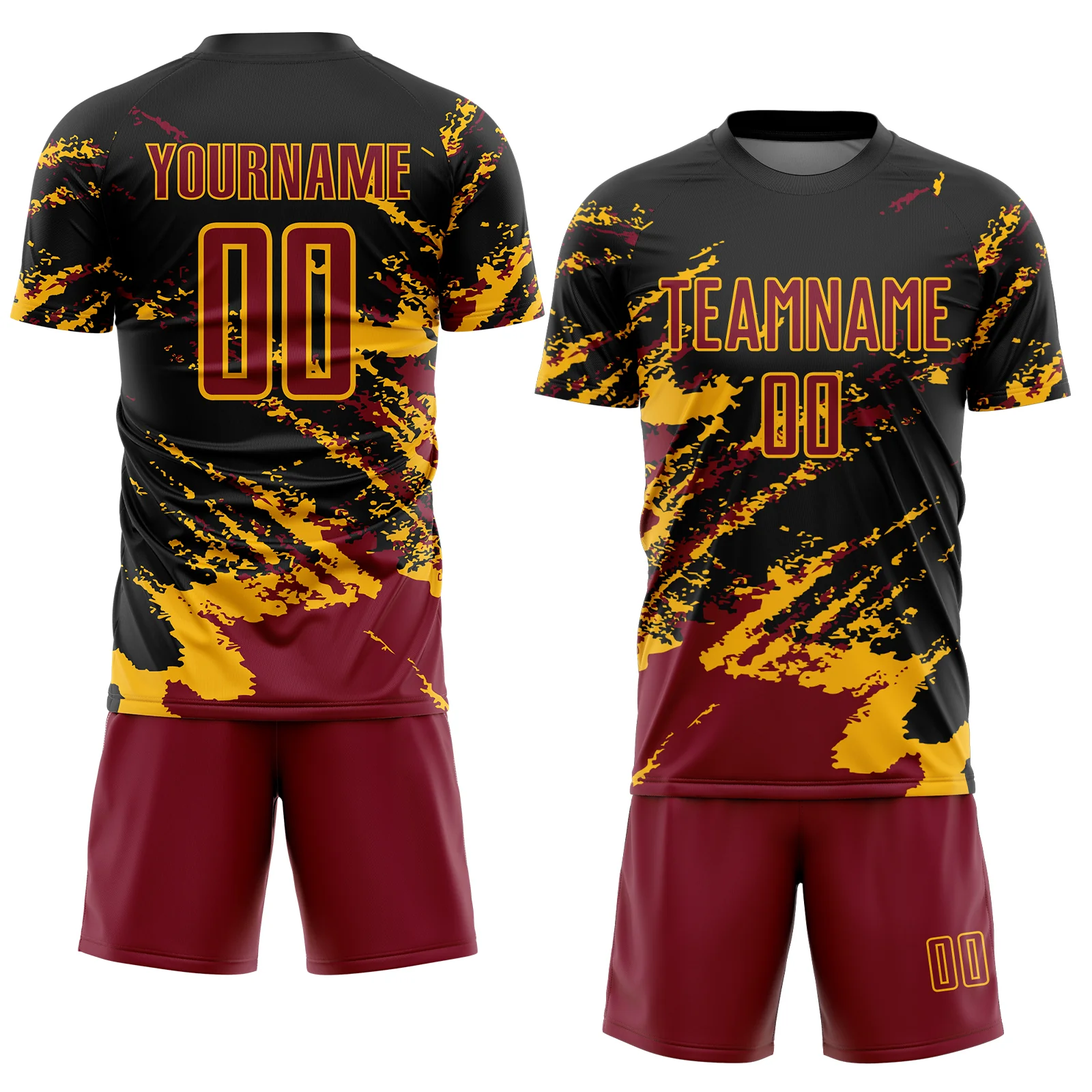 Custom Black Crimson-Gold Abstract Fragment Art Splash Sports Sublimation Soccer Uniform Jersey - Image 2