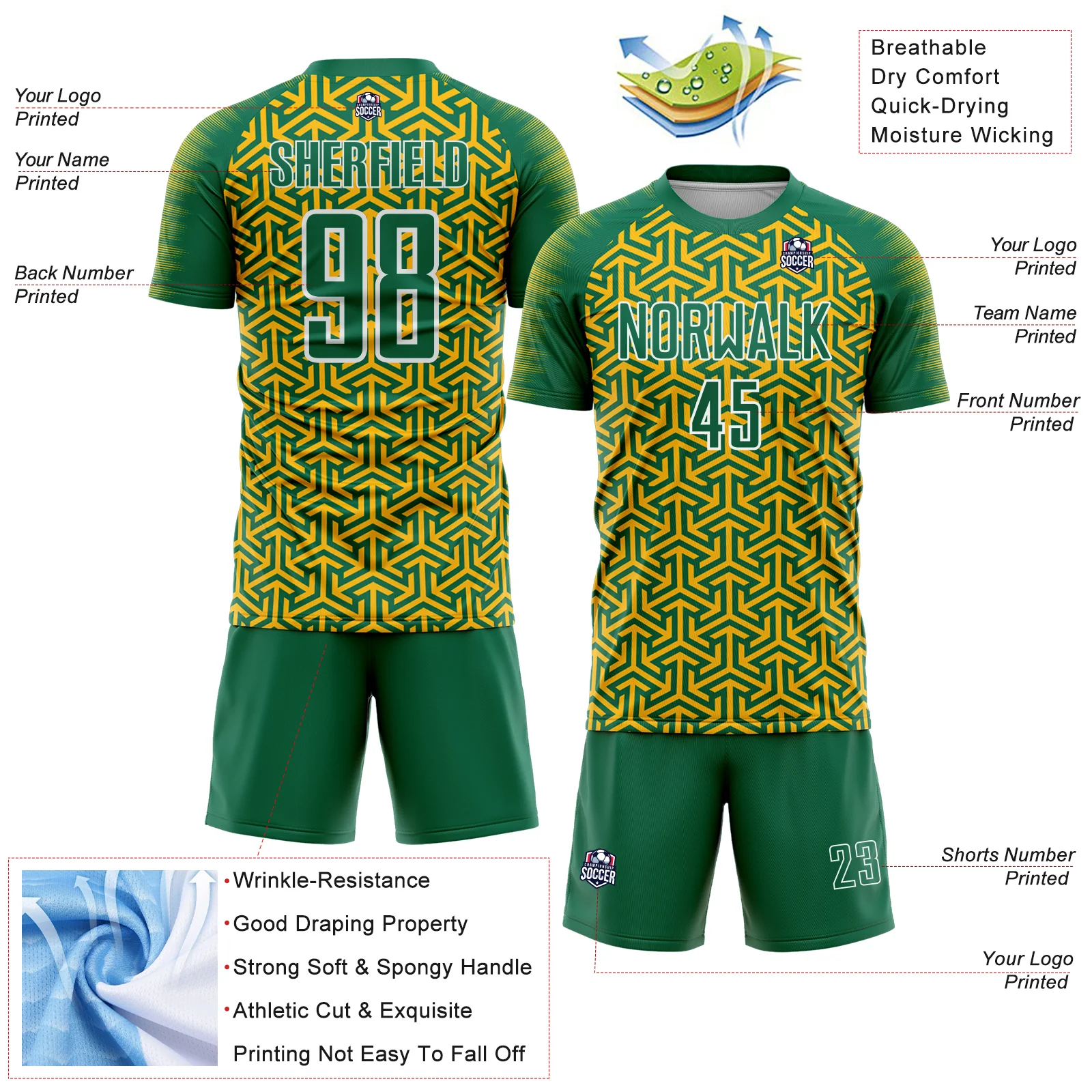 Custom Kelly Green Gold-White Geometric Arrow Sublimation Soccer Uniform Jersey - Image 4
