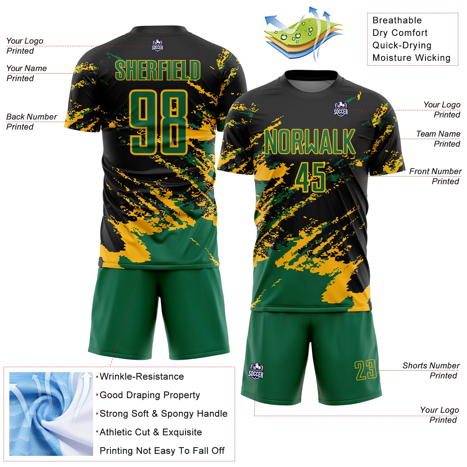 Custom Black Kelly Green-Gold Abstract Fragment Art Splash Sports Sublimation Soccer Uniform Jersey - Image 4