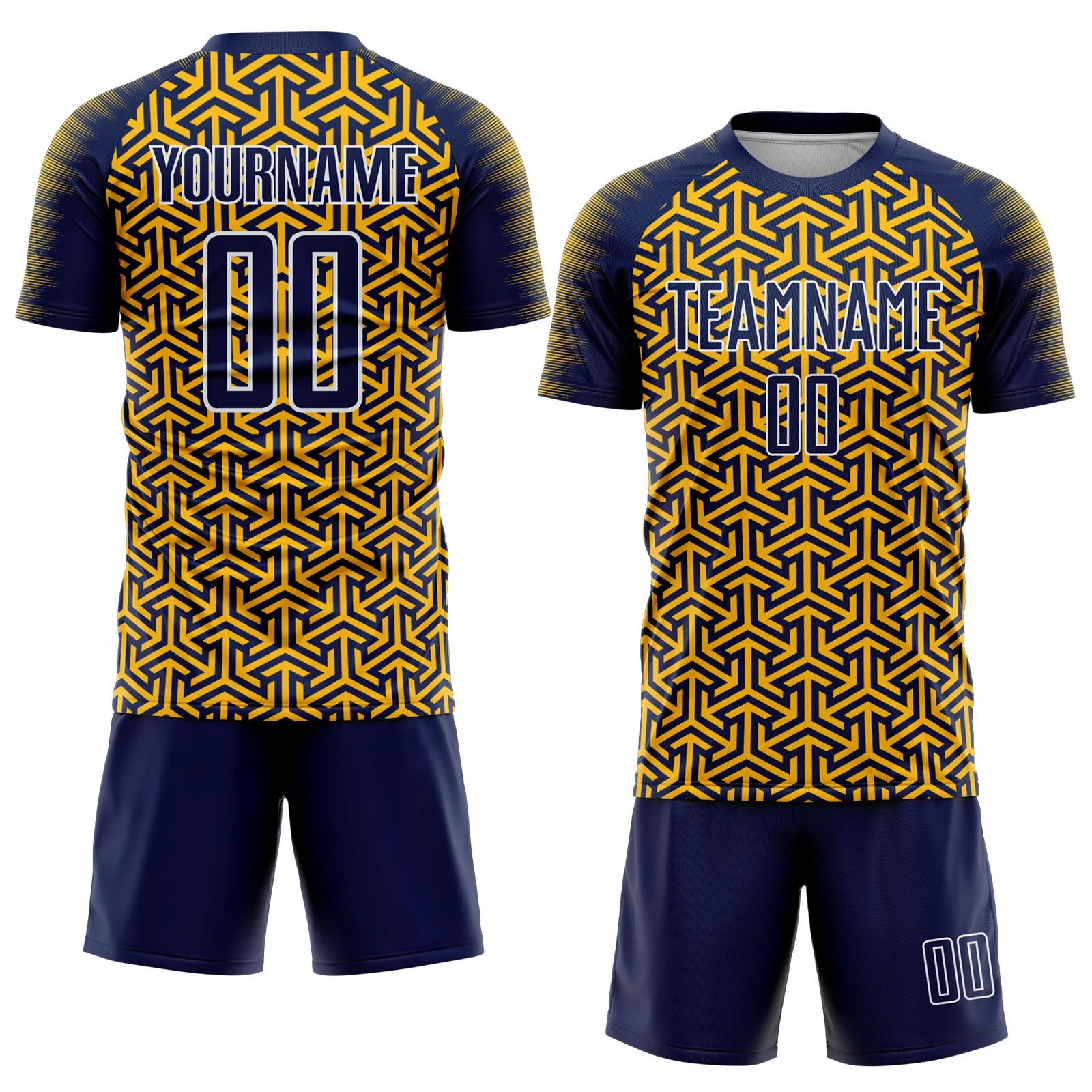 Custom Navy Gold-White Geometric Arrow Sublimation Soccer Uniform Jersey - Image 2