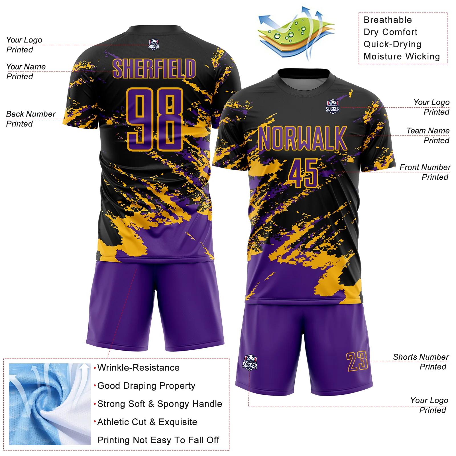 Custom Black Purple-Gold Abstract Fragment Art Splash Sports Sublimation Soccer Uniform Jersey - Image 4