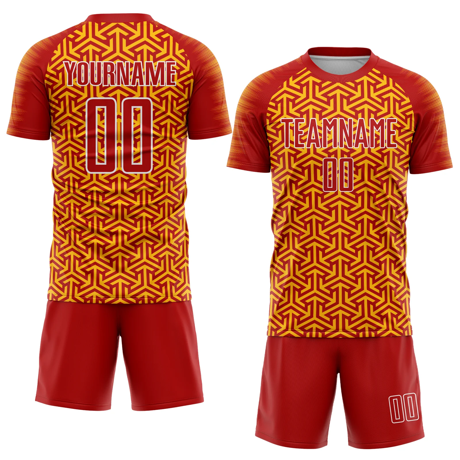 Custom Red Gold-White Geometric Arrow Sublimation Soccer Uniform Jersey - Image 2