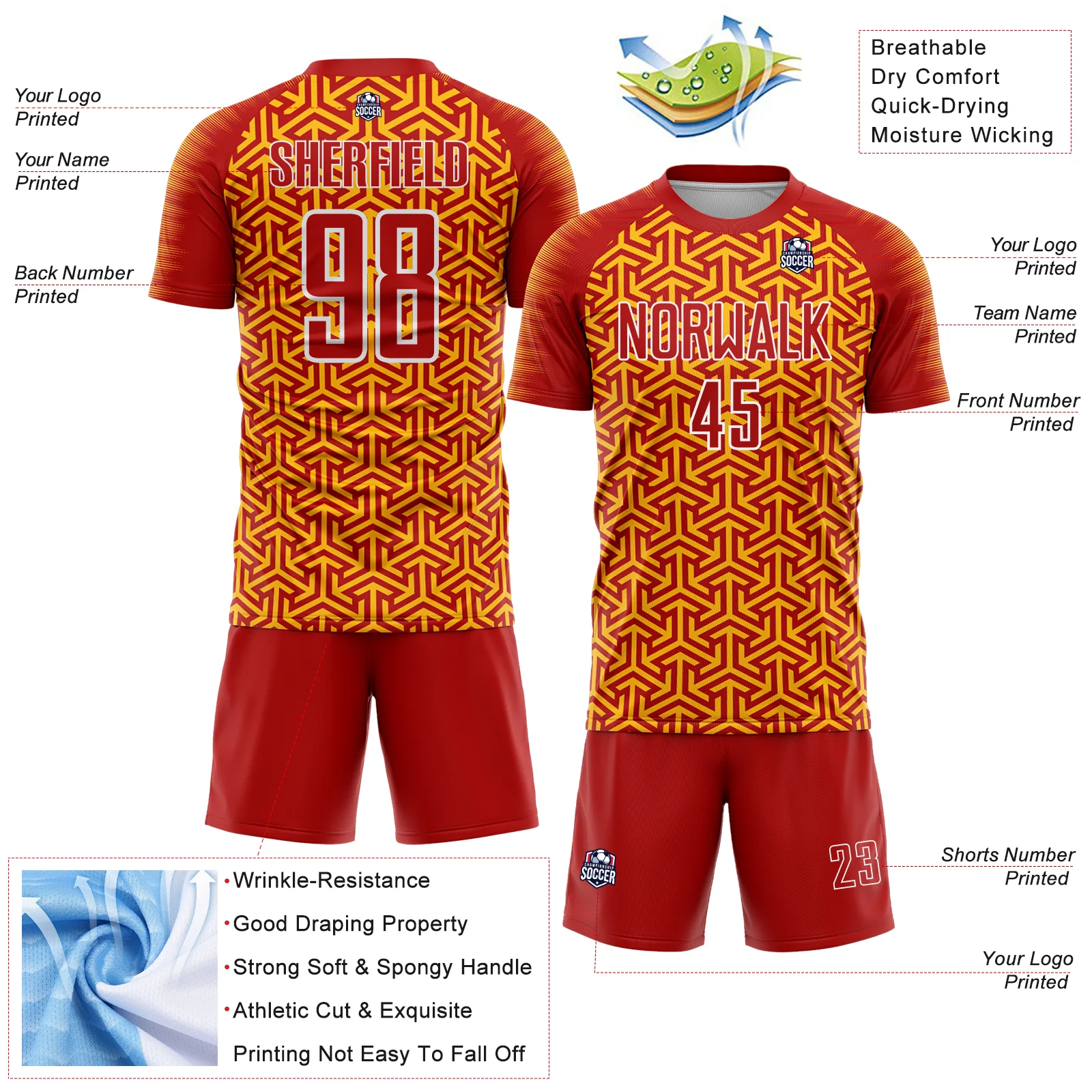 Custom Red Gold-White Geometric Arrow Sublimation Soccer Uniform Jersey - Image 4