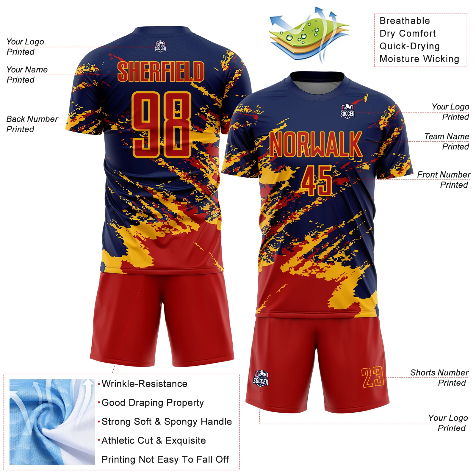 Custom Navy Red-Gold Abstract Fragment Art Splash Sports Sublimation Soccer Uniform Jersey - Image 4