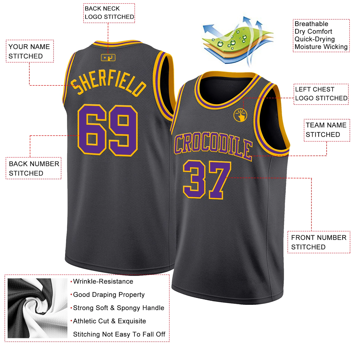 Custom Steel Gray Purple-Gold Authentic Basketball Jersey - Image 2