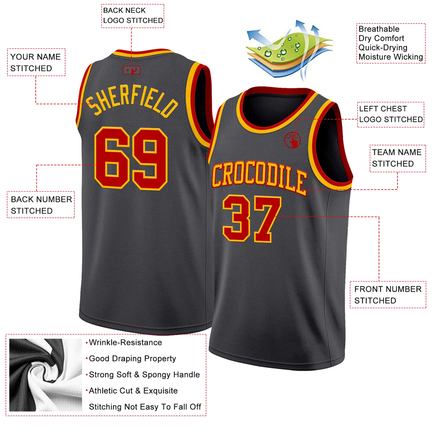 Custom Steel Gray Red-Gold Authentic Basketball Jersey - Image 2