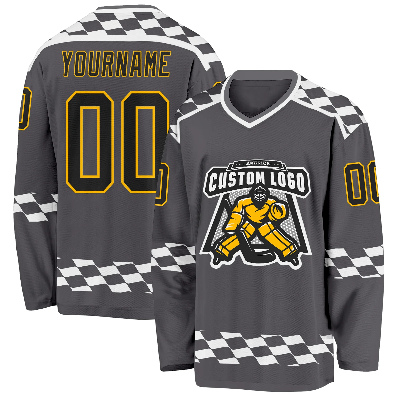 Custom Steel Gray Black Gold-White Plaid Hockey Jersey - Image 2