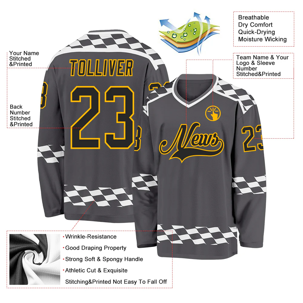 Custom Steel Gray Black Gold-White Plaid Hockey Jersey - Image 5