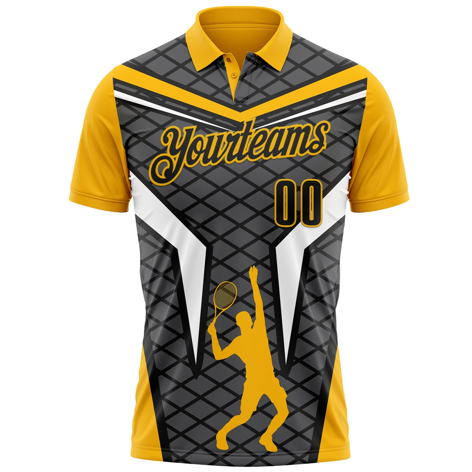 Custom Steel Gray Black-Gold 3D Tennis Performance Polo Shirt - Image 2