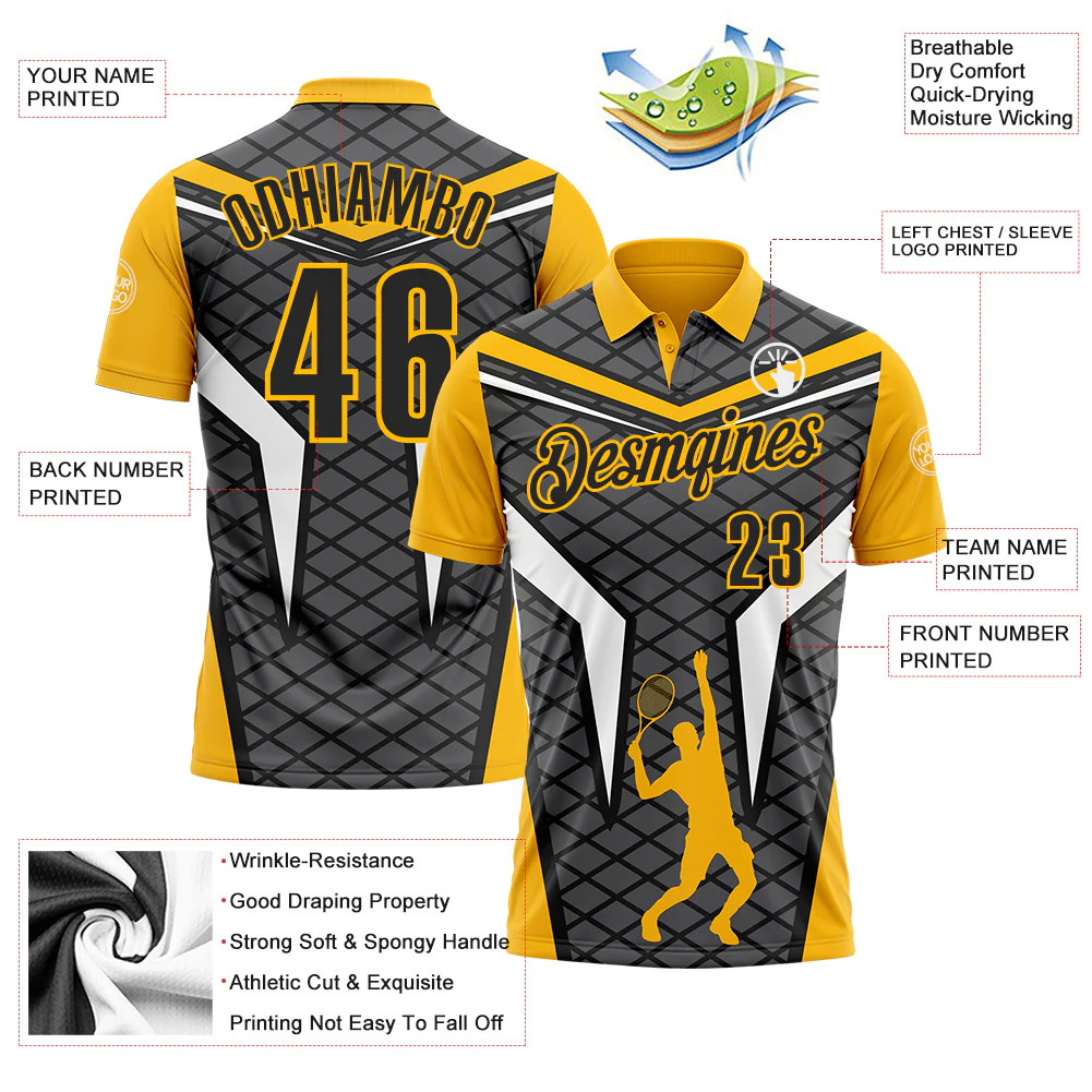 Custom Steel Gray Black-Gold 3D Tennis Performance Polo Shirt - Image 3