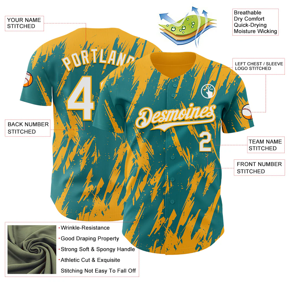 Custom Teal White-Gold Splatter Torn Sharp Brush Stroke Authentic Baseball Jersey - Image 3