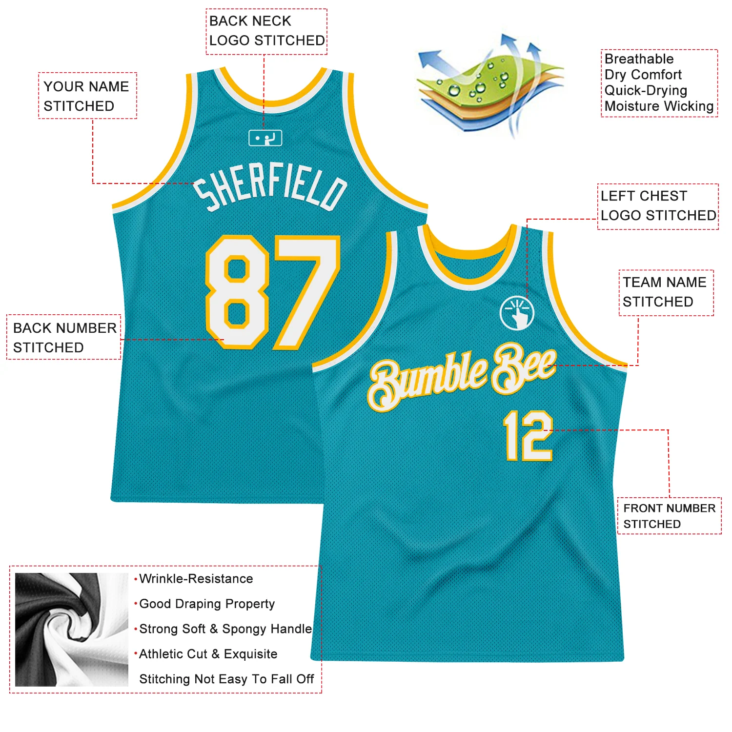 Custom Teal White-Gold Authentic Throwback Basketball Jersey - Image 2