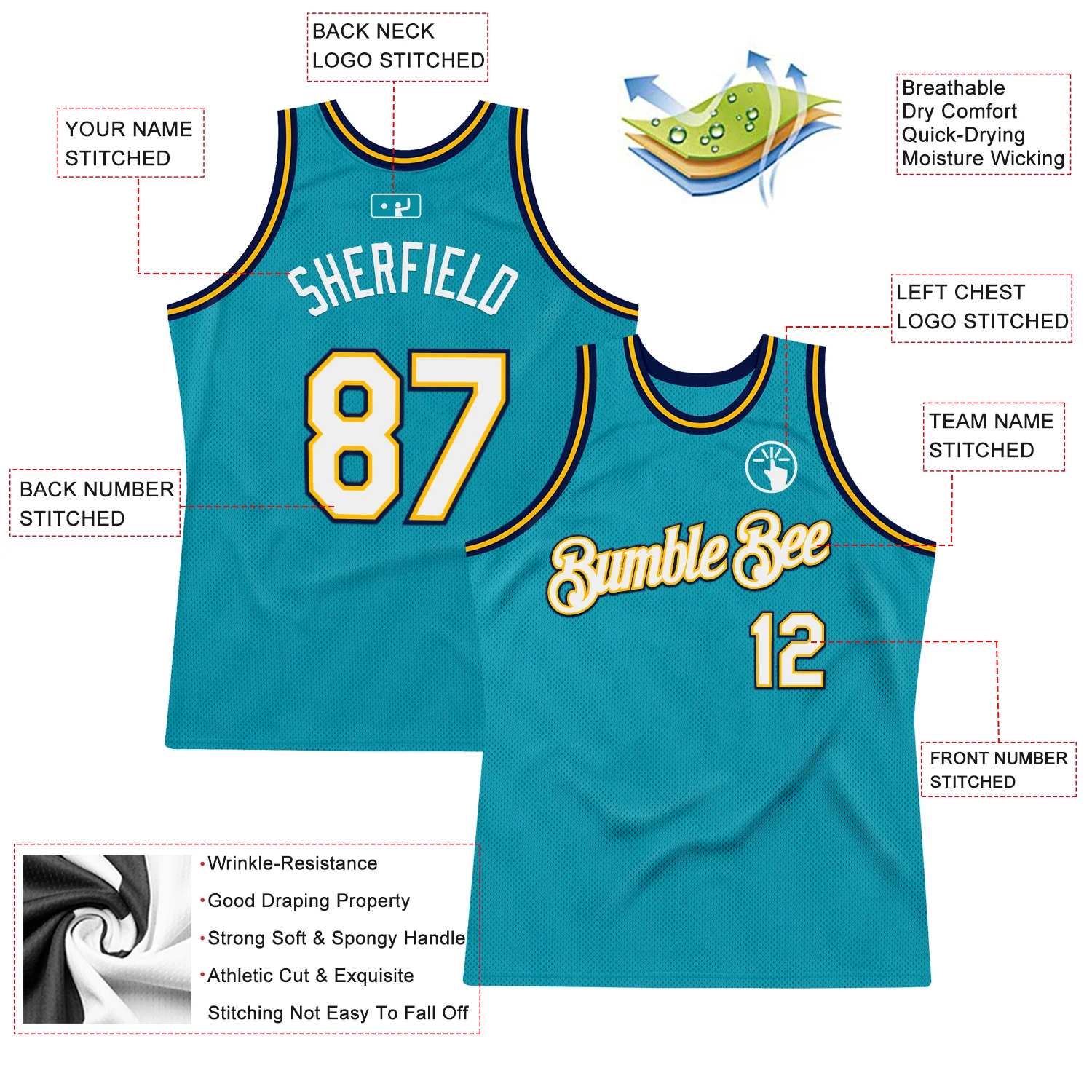 Custom Teal Gold-Navy Authentic Throwback Basketball Jersey - Image 2